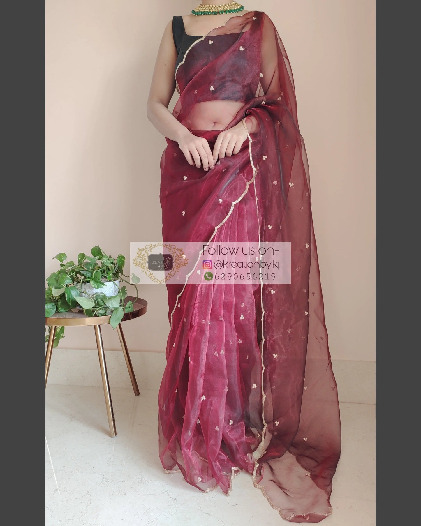 Maroon glass tissue saree with Handembroidered scalloping - kreationbykj
