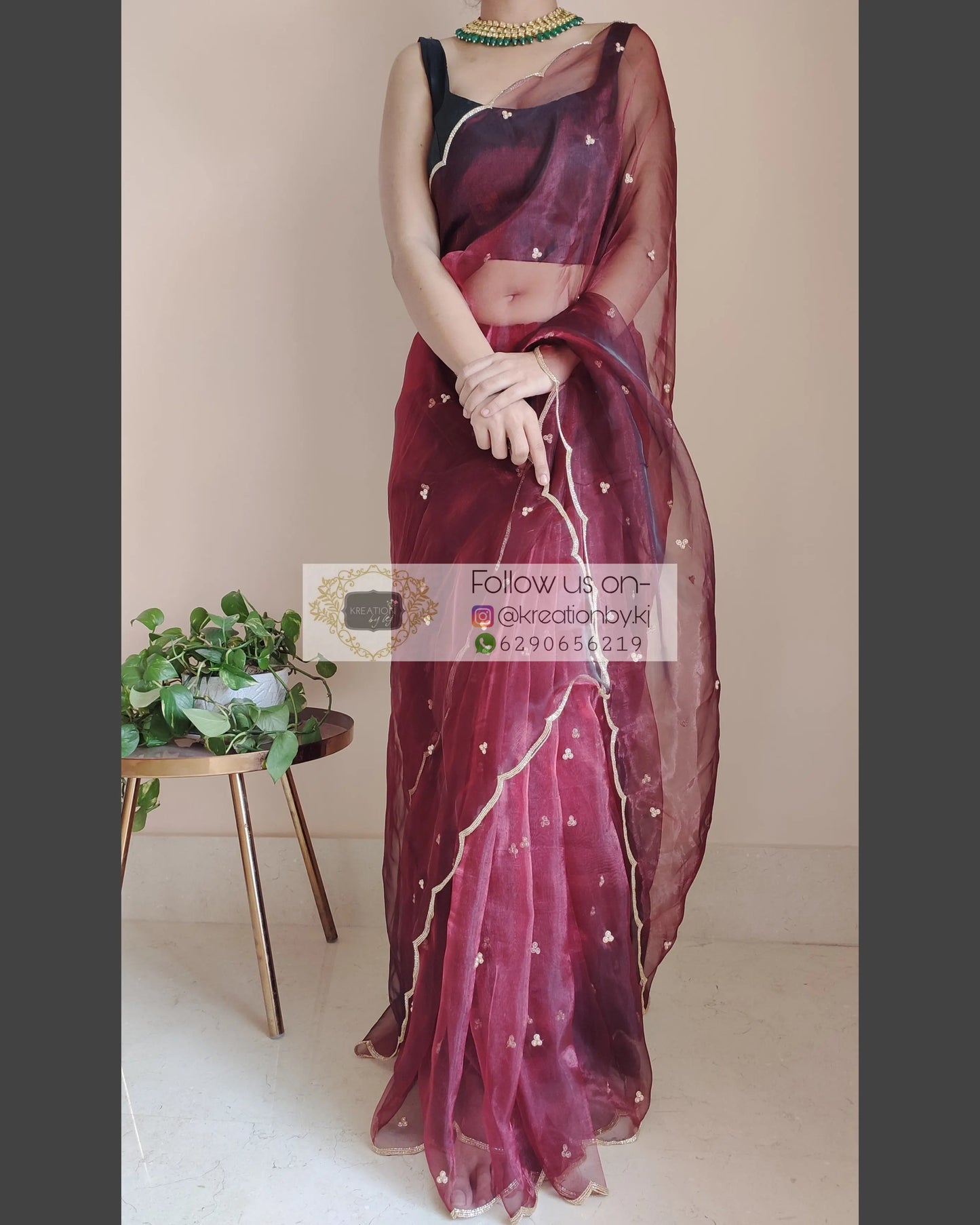Maroon glass tissue saree with Handembroidered scalloping - kreationbykj