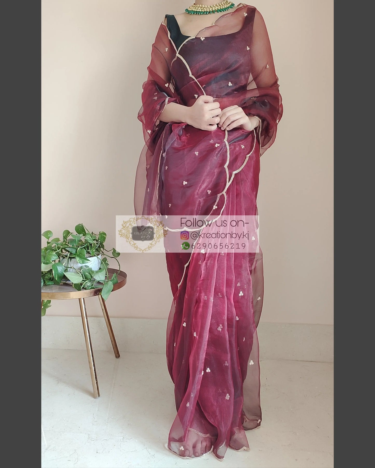 Maroon glass tissue saree with Handembroidered scalloping - kreationbykj