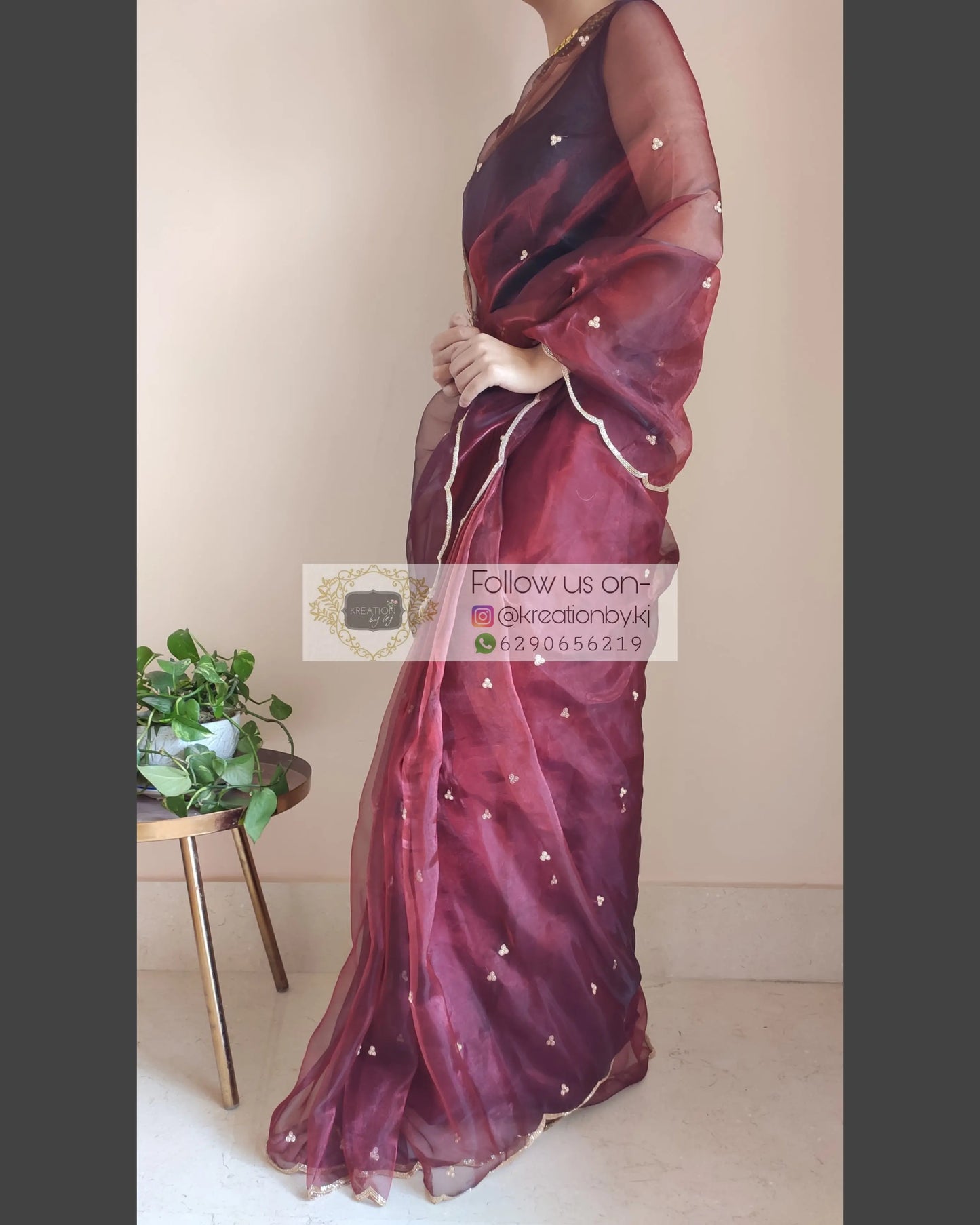 Maroon glass tissue saree with Handembroidered scalloping - kreationbykj