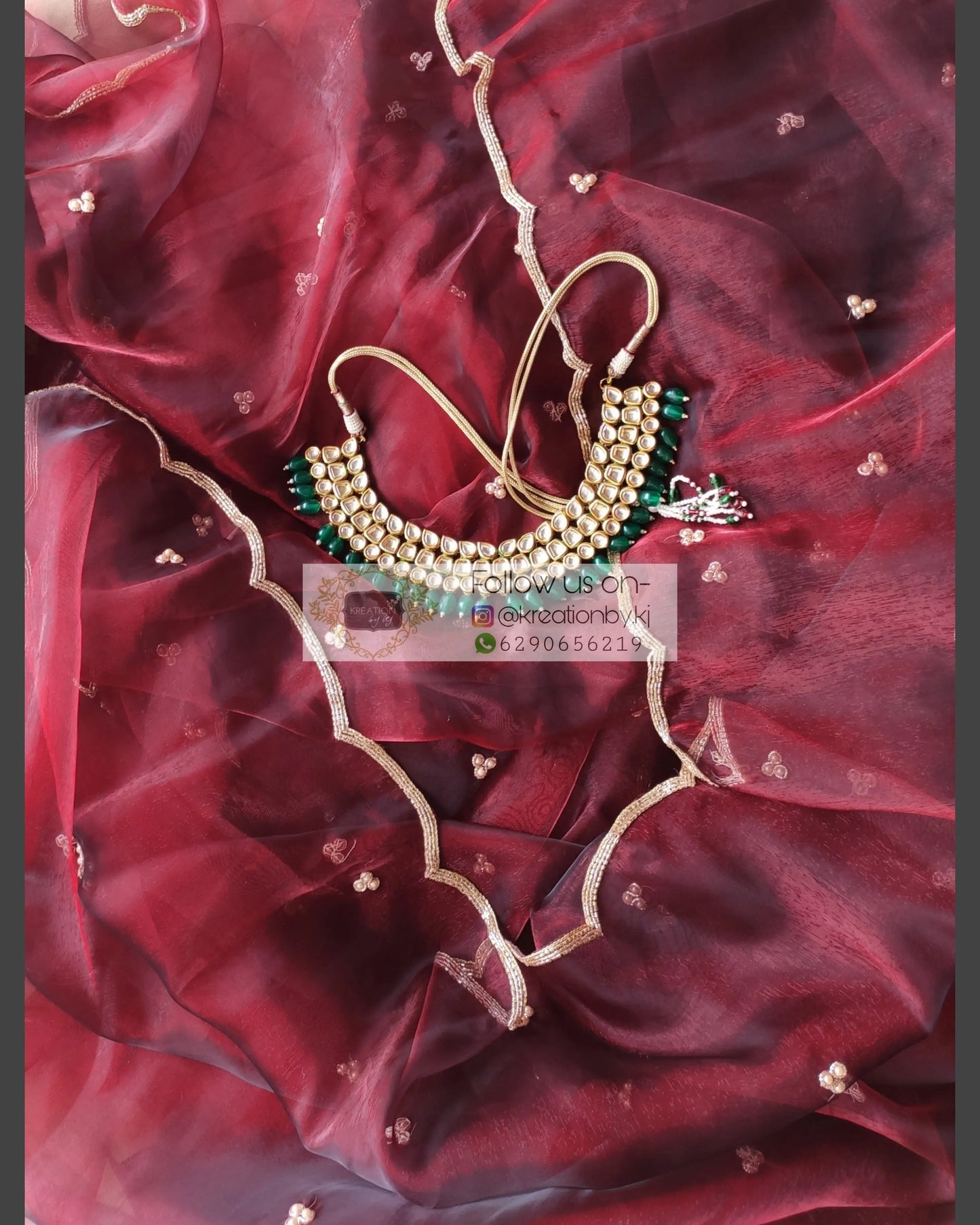 Maroon glass tissue saree with Handembroidered scalloping - kreationbykj