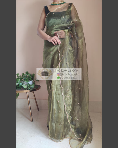 Military Green Glass Tissue Saree with Handembroidered Scalloping - kreationbykj