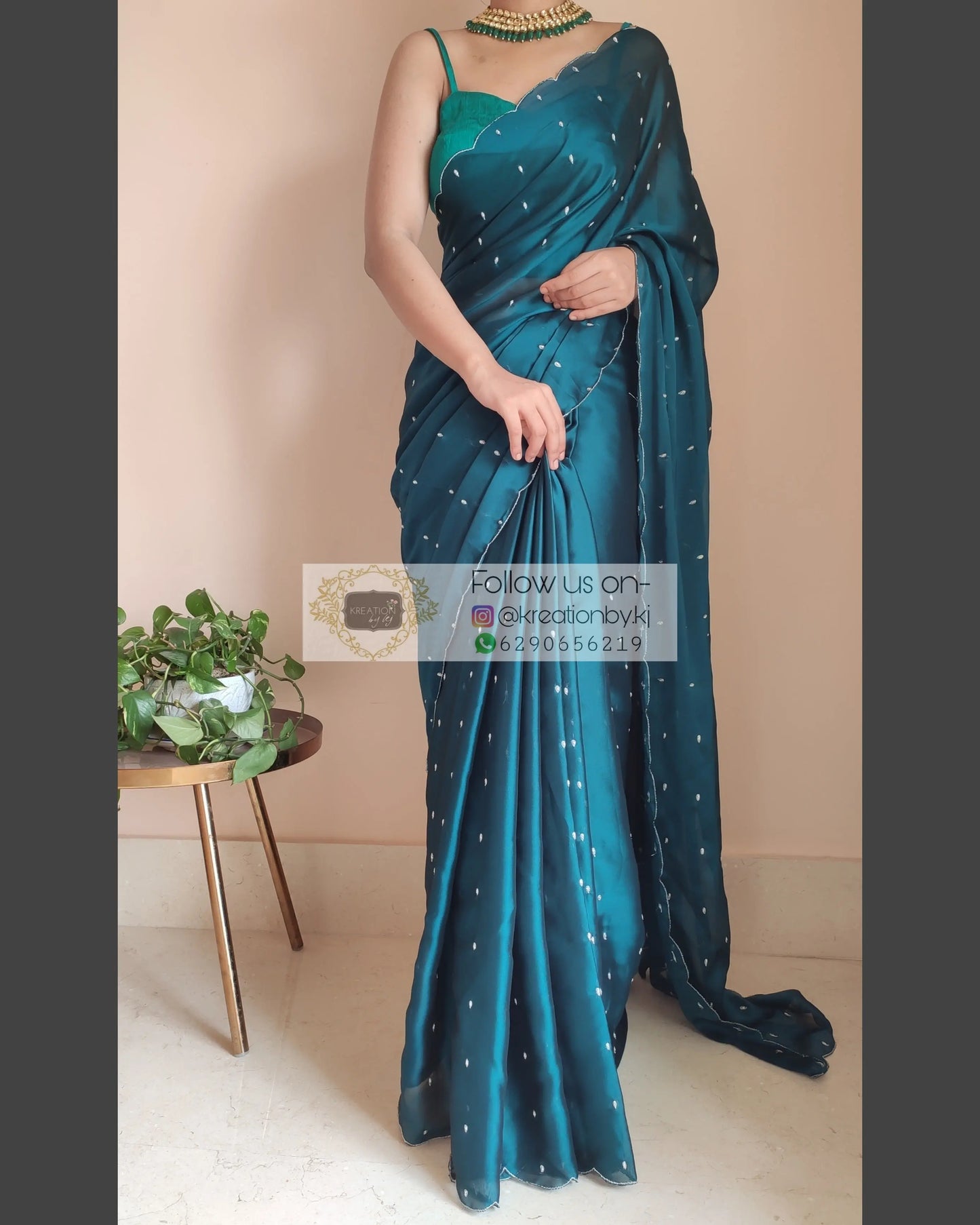 Peacock Blue Georgette Silk Saree With Zardosi Dabka Motifs - kreationbykj