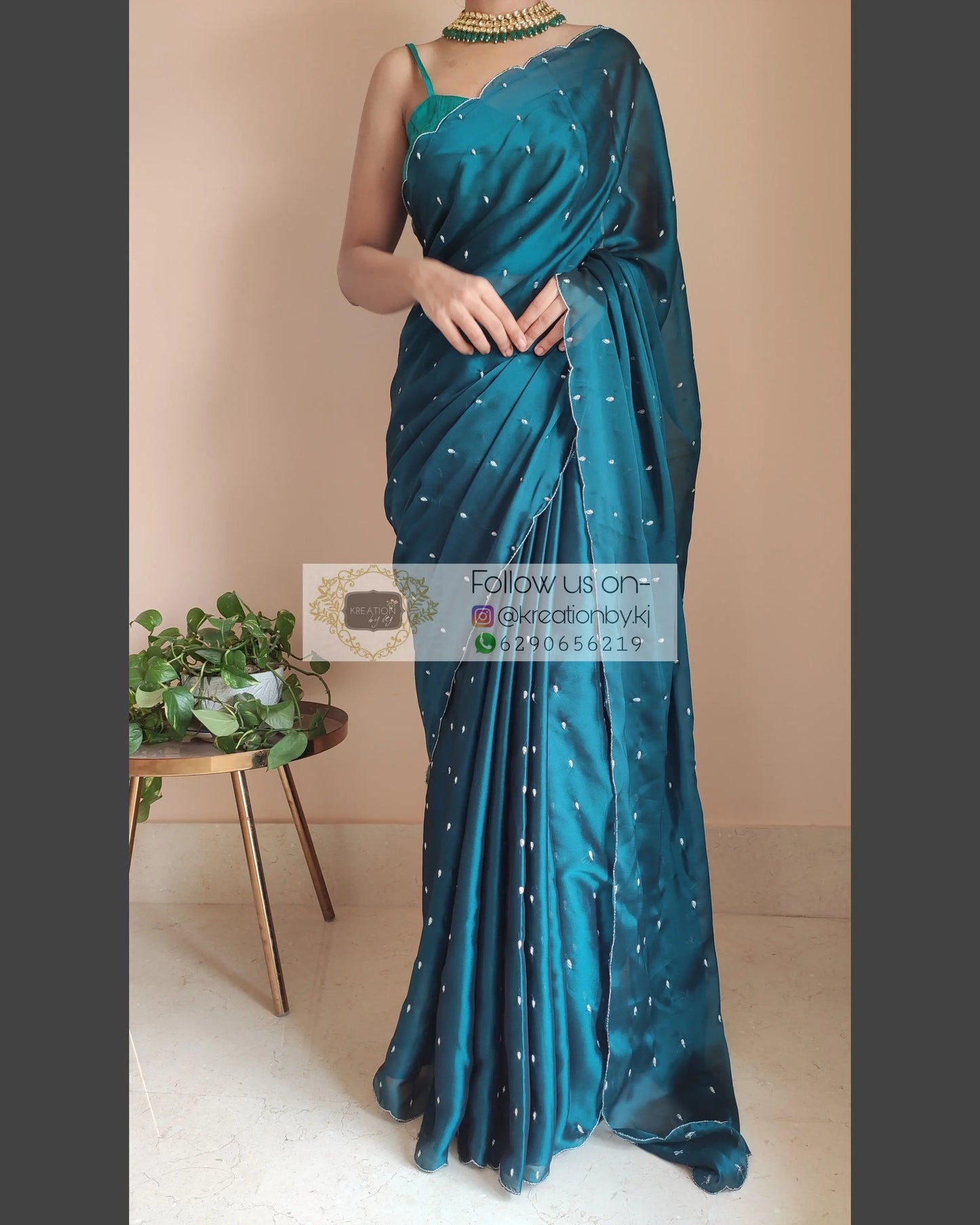 Peacock Blue Georgette Silk Saree With Zardosi Dabka Motifs - kreationbykj