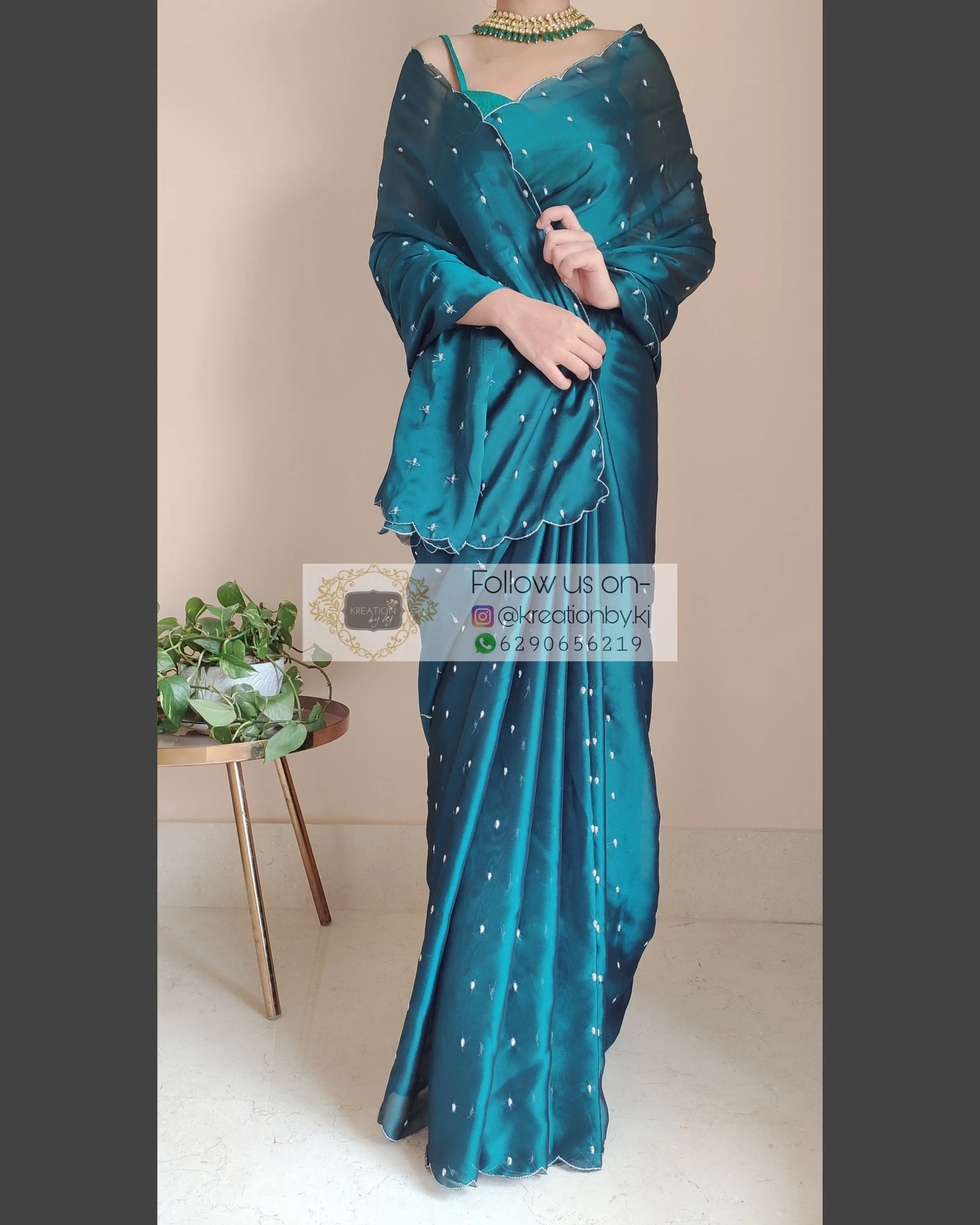 Peacock Blue Georgette Silk Saree With Zardosi Dabka Motifs - kreationbykj