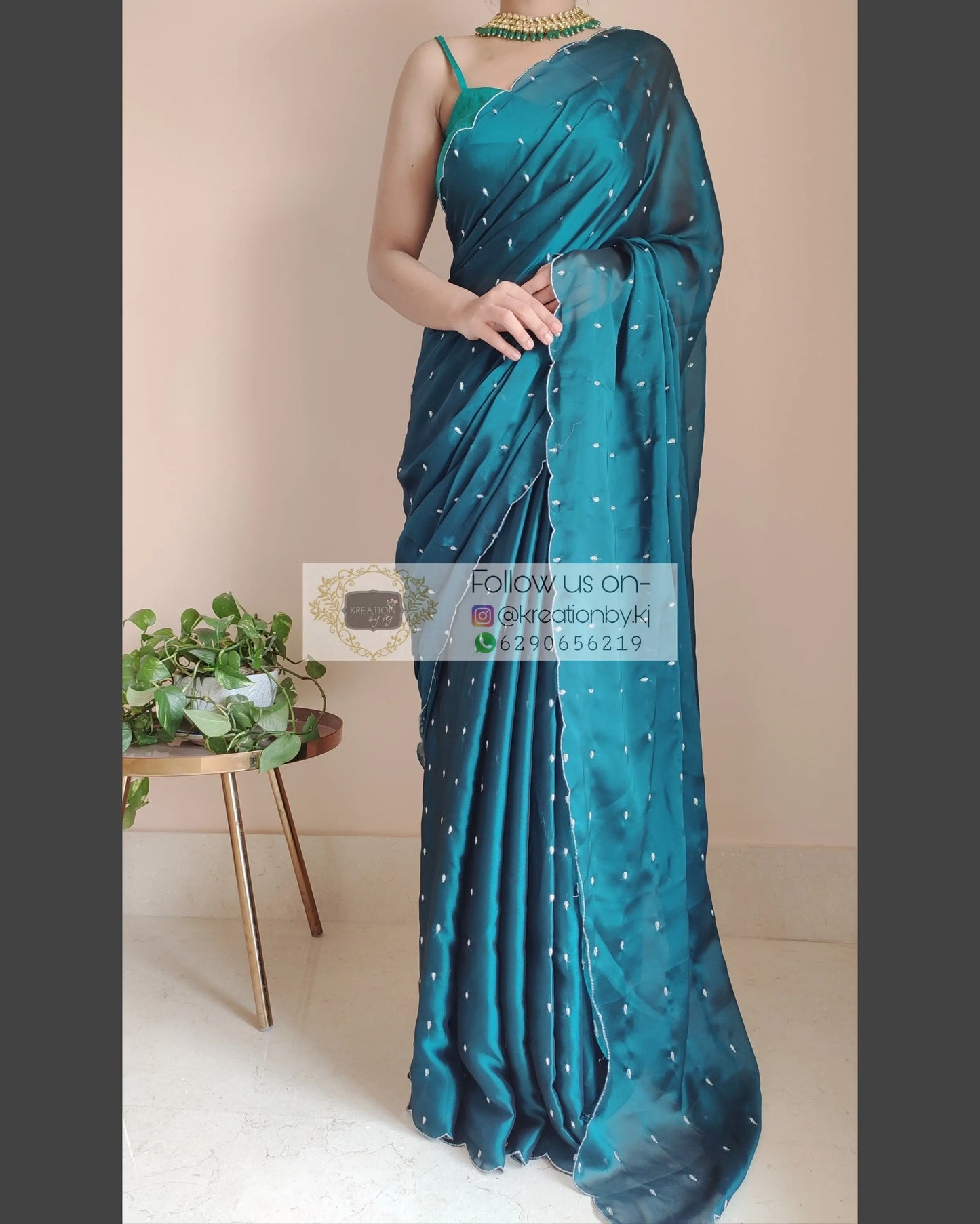 Peacock Blue Georgette Silk Saree With Zardosi Dabka Motifs - kreationbykj