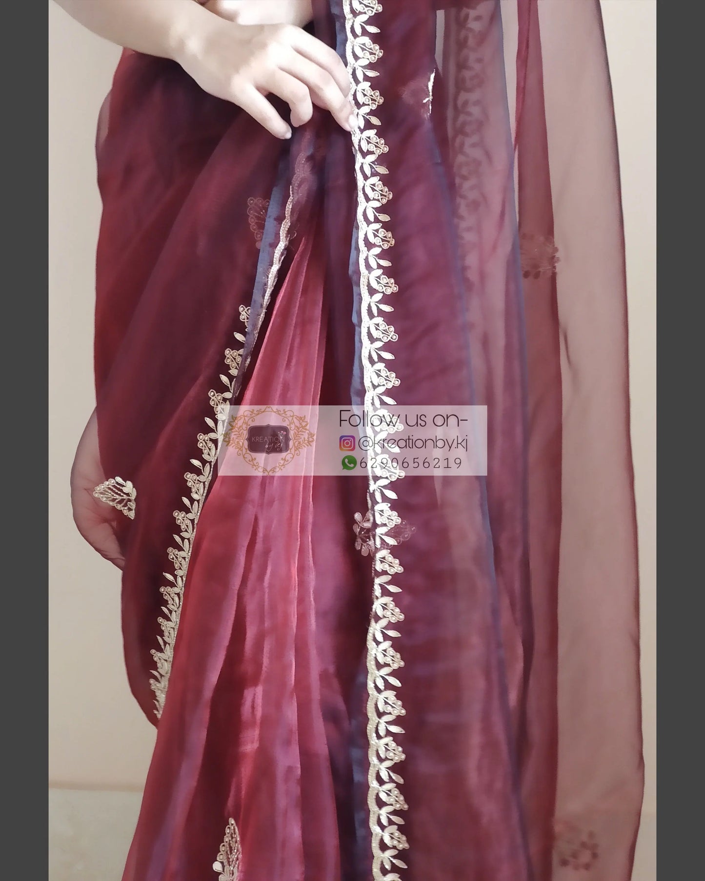 Maroon Glass Tissue Saree With Gota Patti Border - kreationbykj