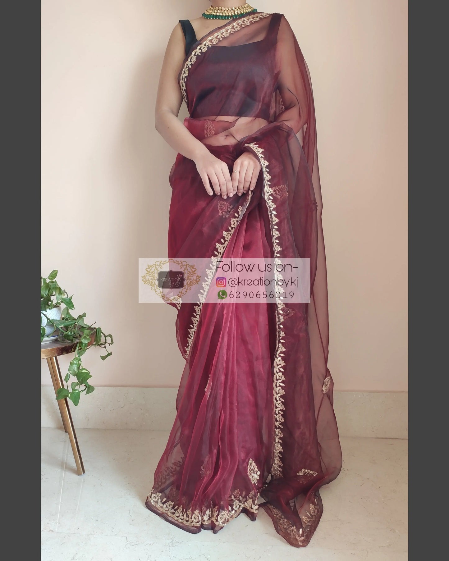 Maroon Glass Tissue Saree With Gota Patti Border - kreationbykj