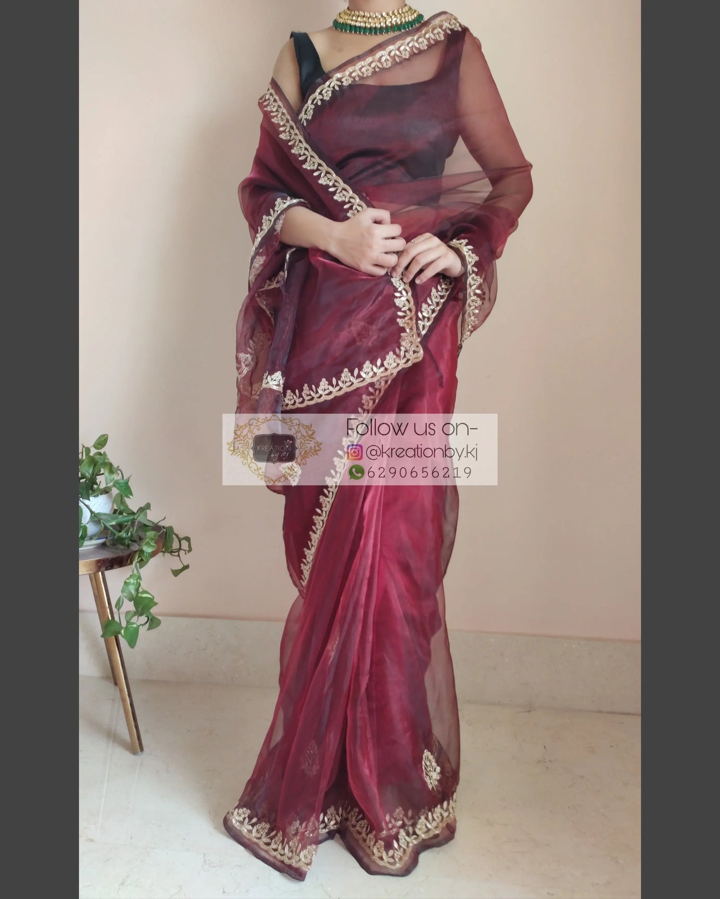 Maroon Glass Tissue Saree With Gota Patti Border - kreationbykj