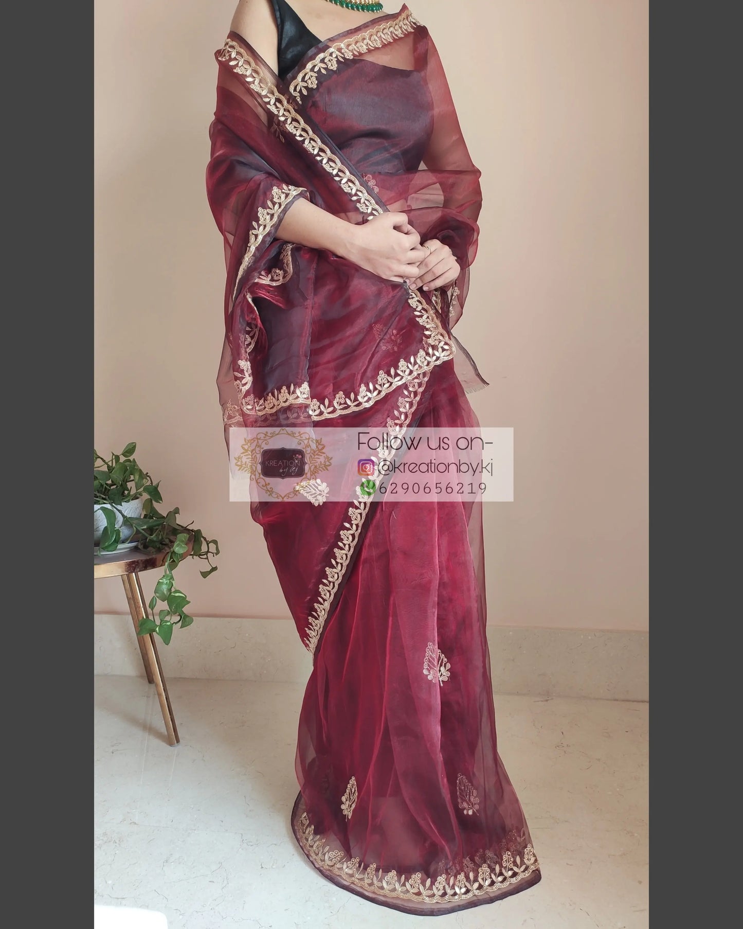 Maroon Glass Tissue Saree With Gota Patti Border - kreationbykj