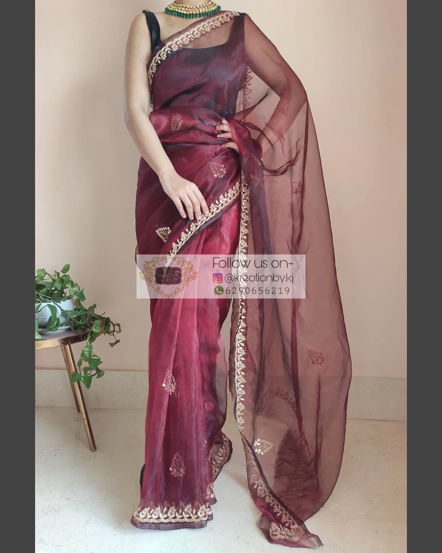 Maroon Glass Tissue Saree With Gota Patti Border - kreationbykj