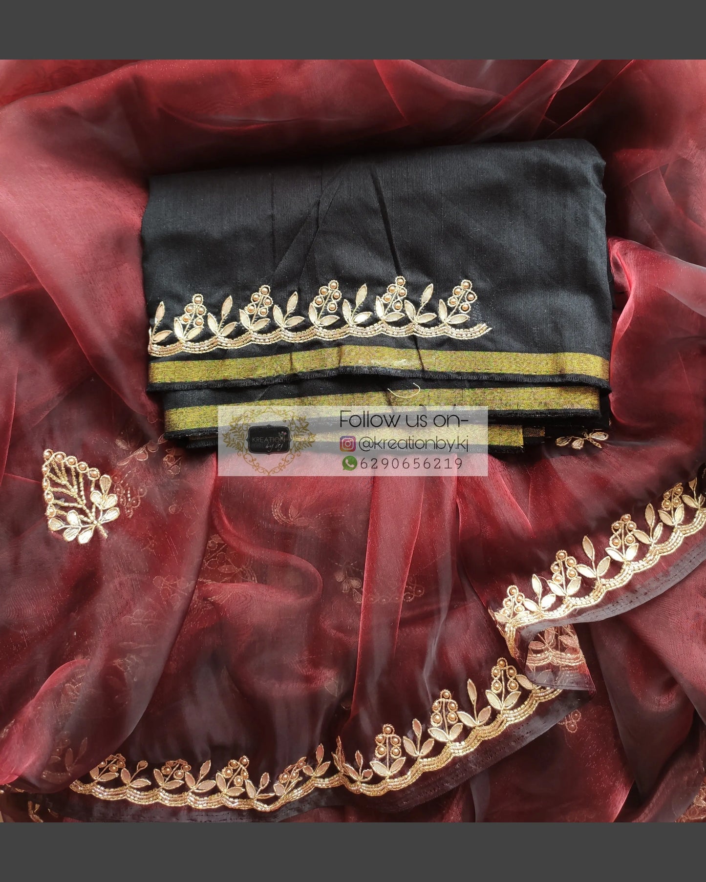 Maroon Glass Tissue Saree With Gota Patti Border - kreationbykj