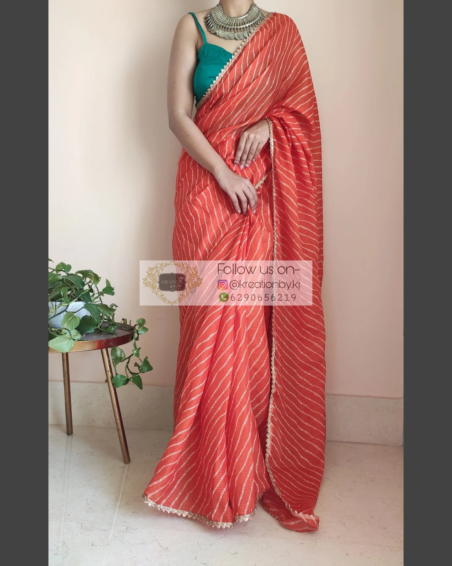 Orange Kota Silk Leheriya Saree - kreationbykj
