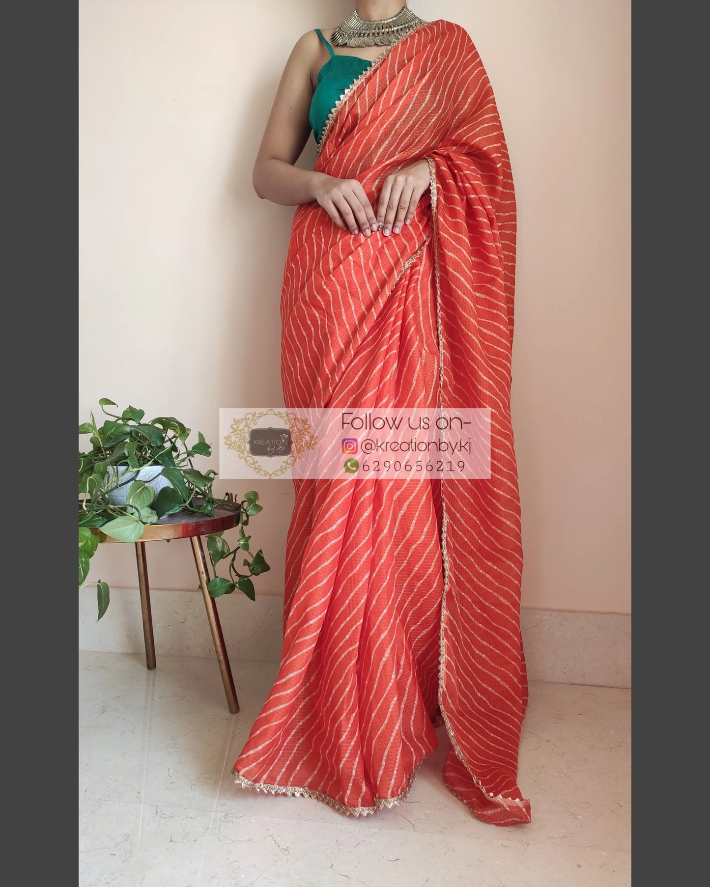 Orange Kota Silk Leheriya Saree - kreationbykj