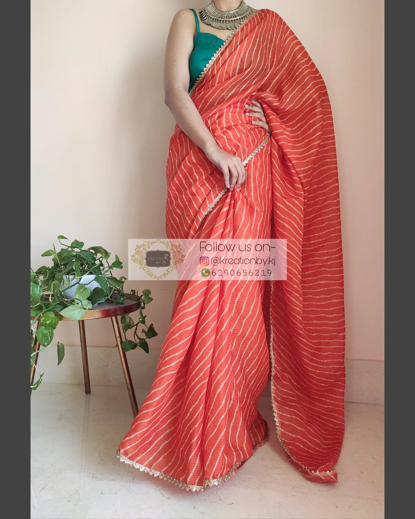 Orange Kota Silk Leheriya Saree - kreationbykj