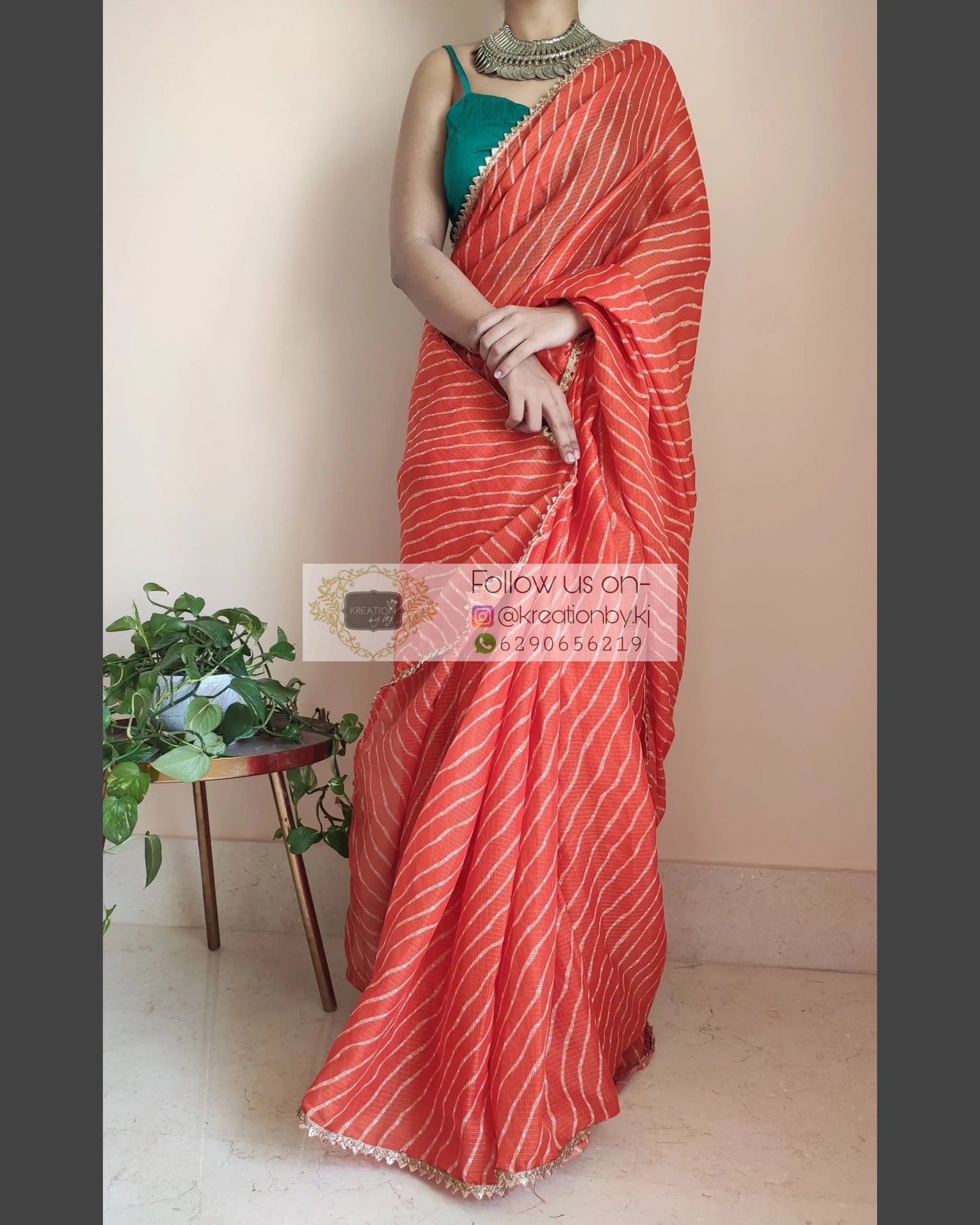 Orange Kota Silk Leheriya Saree - kreationbykj