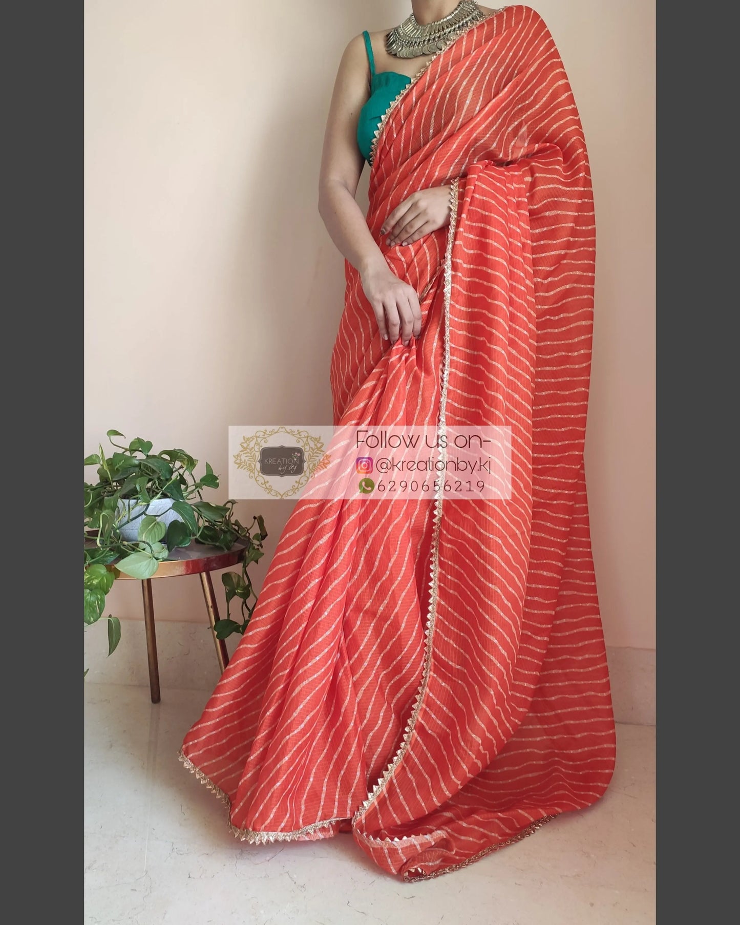 Orange Kota Silk Leheriya Saree - kreationbykj