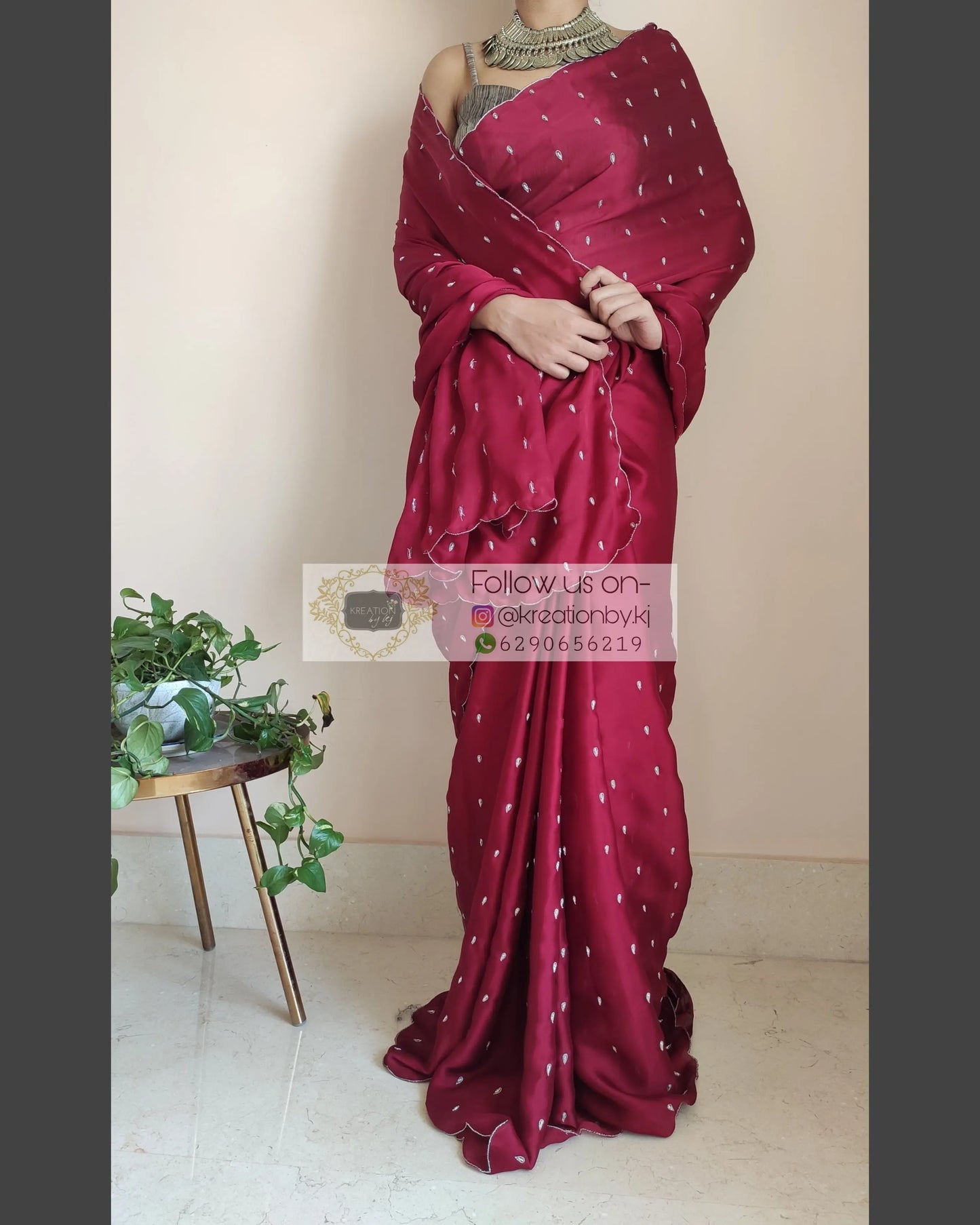 Maroon Crepe Silk Saree With Zardosi Dabka Motifs - kreationbykj