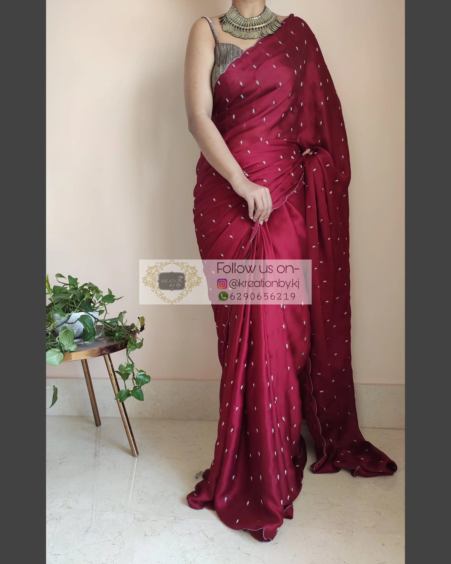 Maroon Crepe Silk Saree With Zardosi Dabka Motifs - kreationbykj