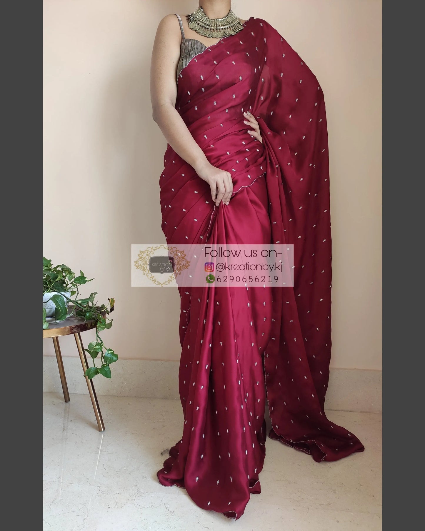 Maroon Crepe Silk Saree With Zardosi Dabka Motifs - kreationbykj