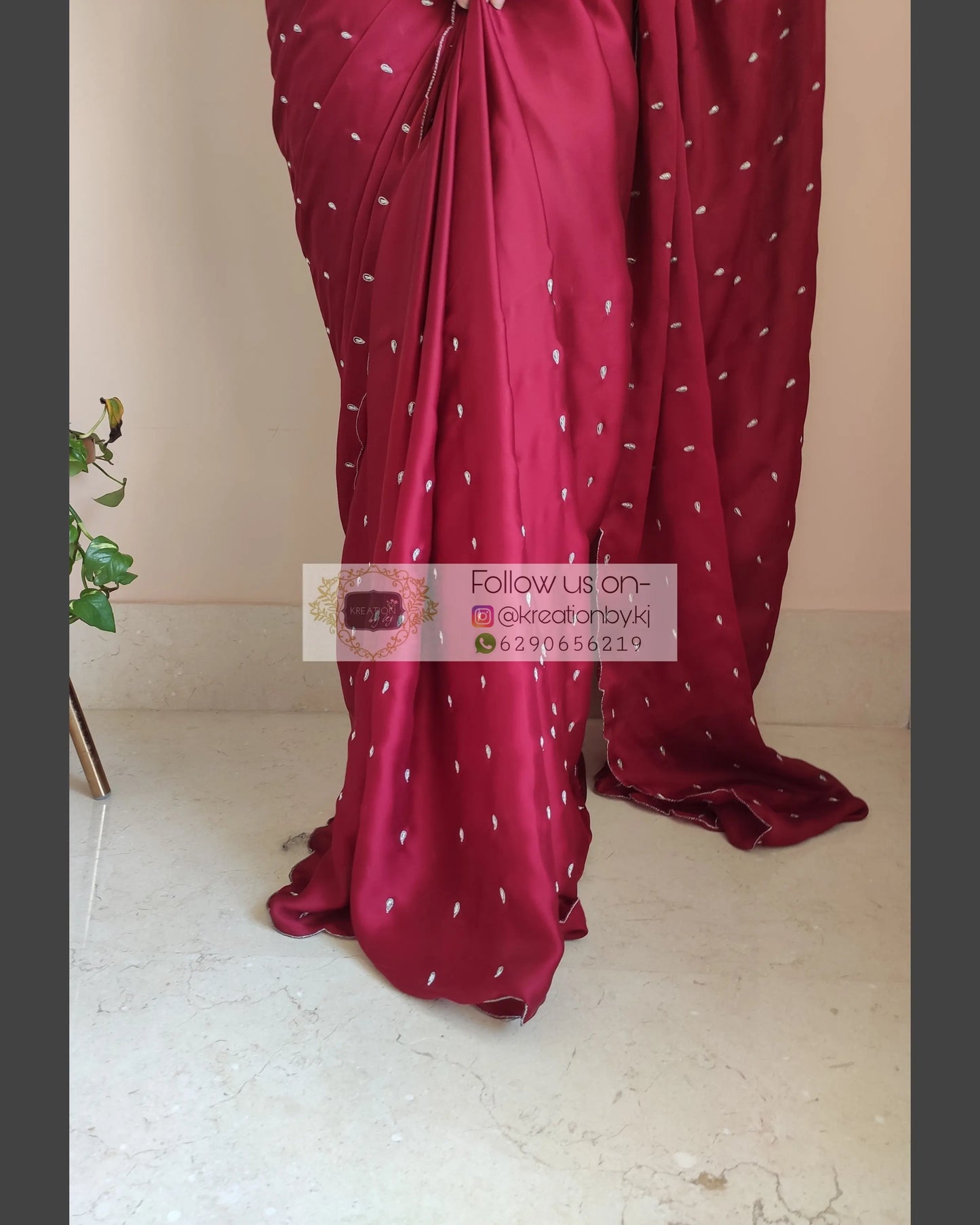 Maroon Crepe Silk Saree With Zardosi Dabka Motifs - kreationbykj