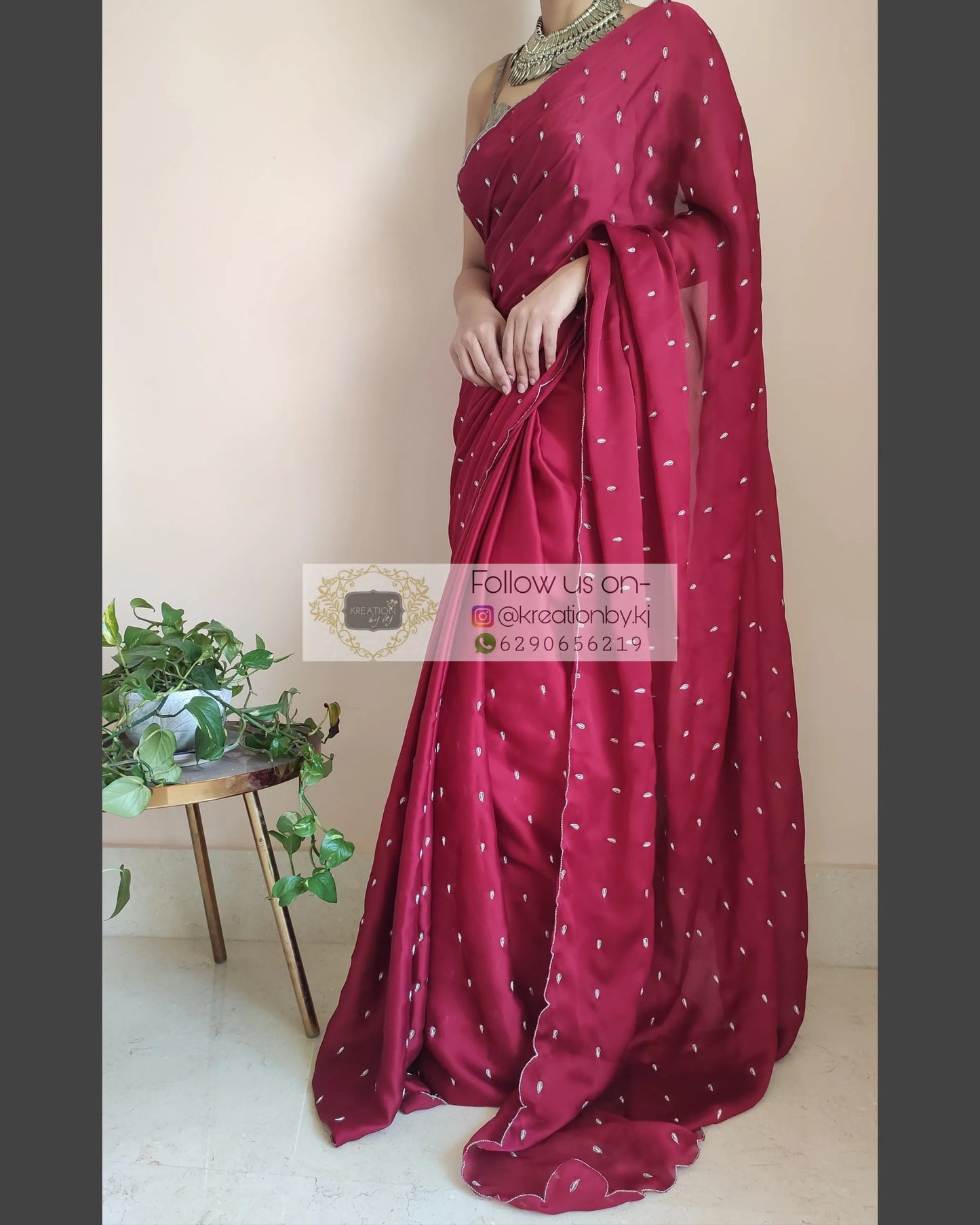 Maroon Crepe Silk Saree With Zardosi Dabka Motifs - kreationbykj