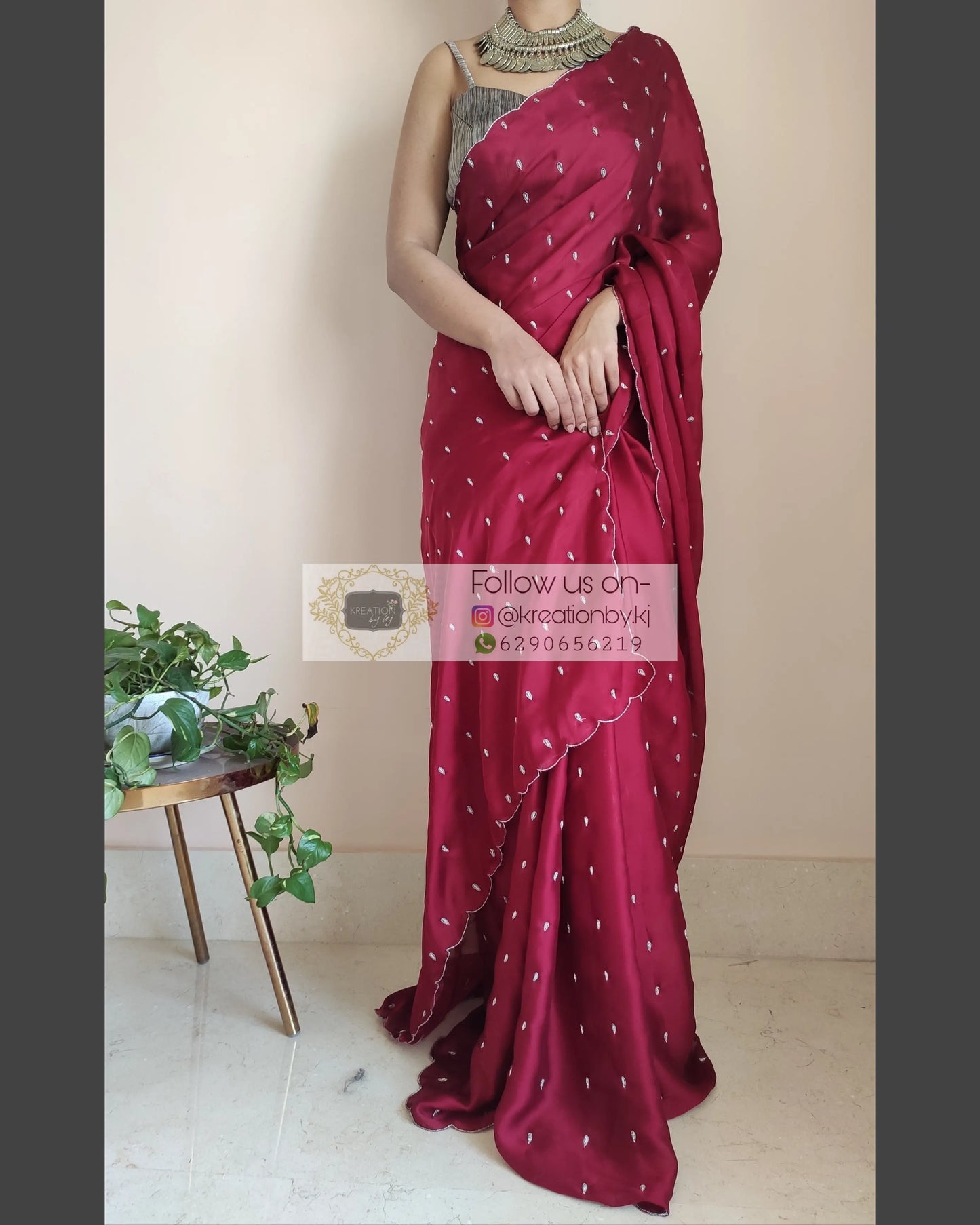 Maroon Crepe Silk Saree With Zardosi Dabka Motifs - kreationbykj