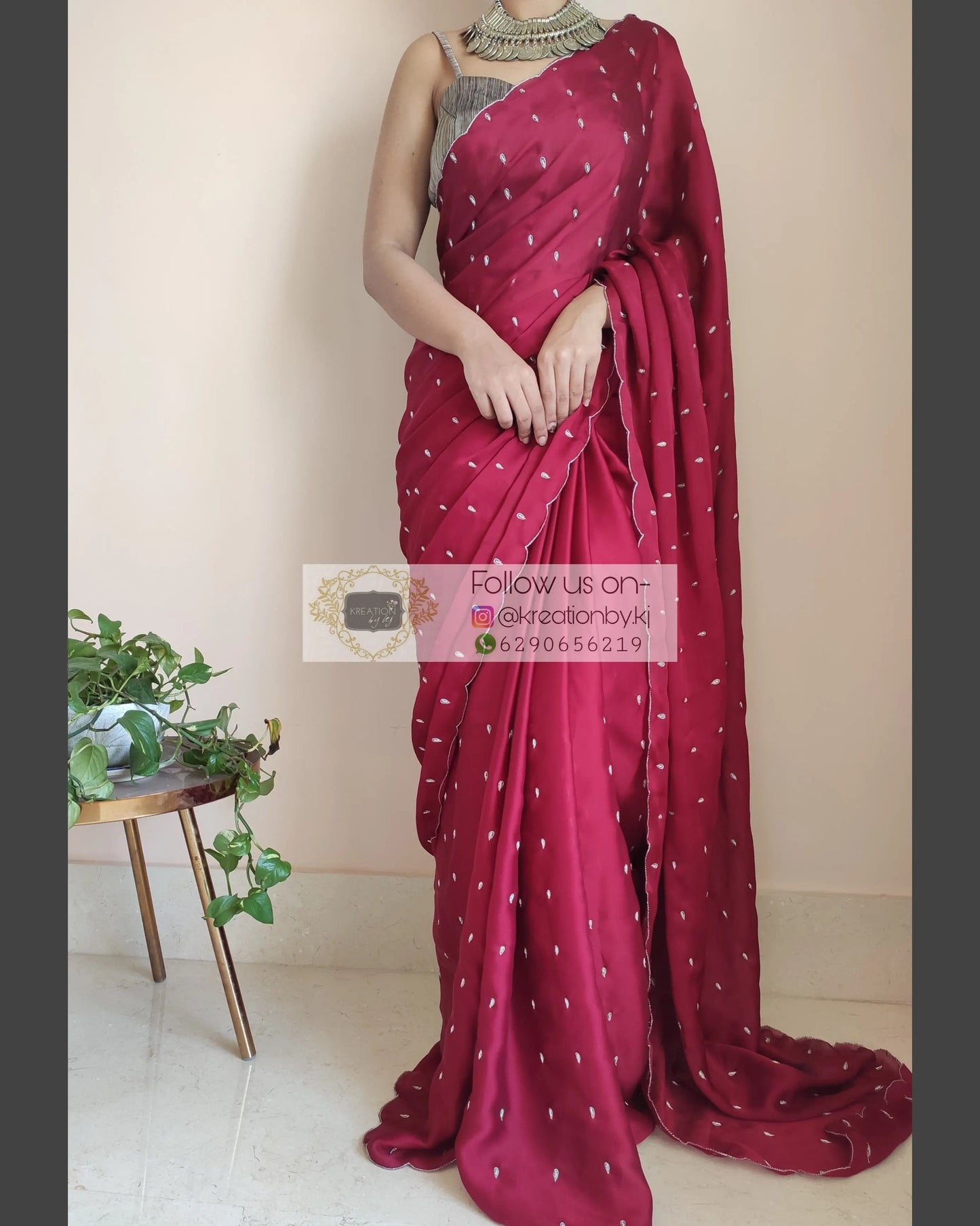 Maroon Crepe Silk Saree With Zardosi Dabka Motifs - kreationbykj
