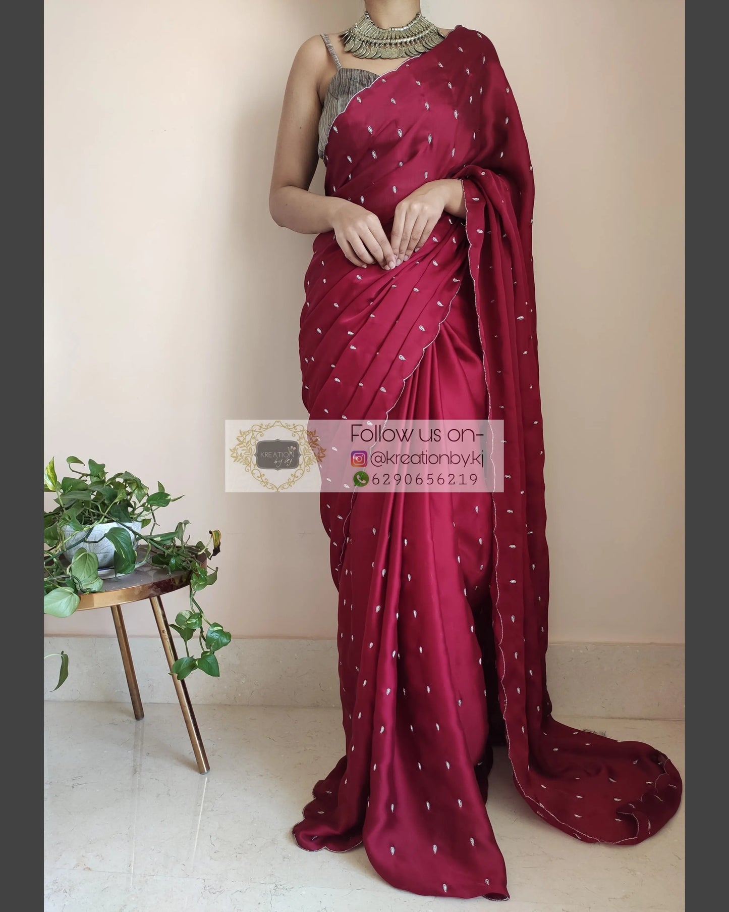 Maroon Crepe Silk Saree With Zardosi Dabka Motifs - kreationbykj
