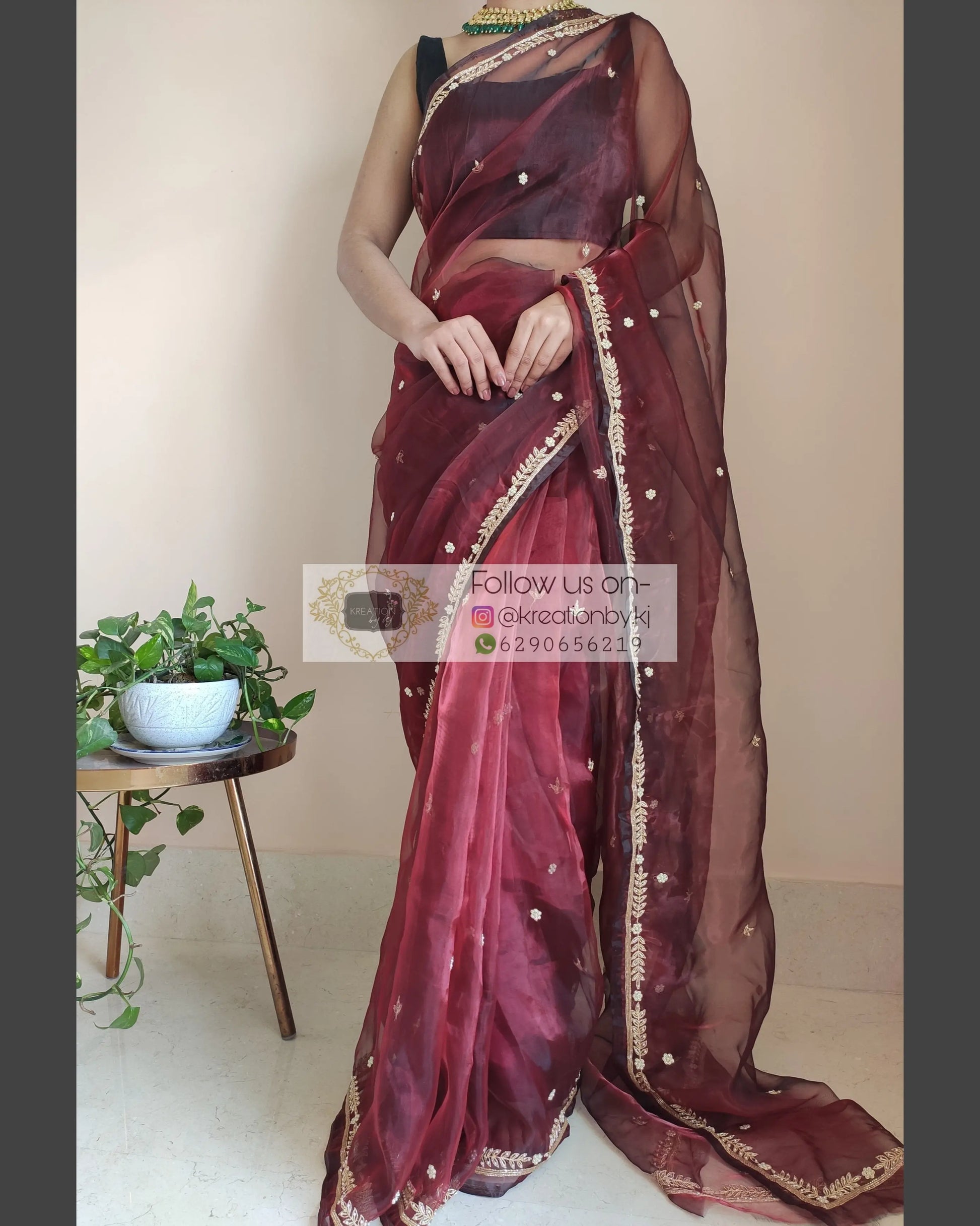 Maroon Glass Tissue Saree With Kasab And Cutdana Border - kreationbykj