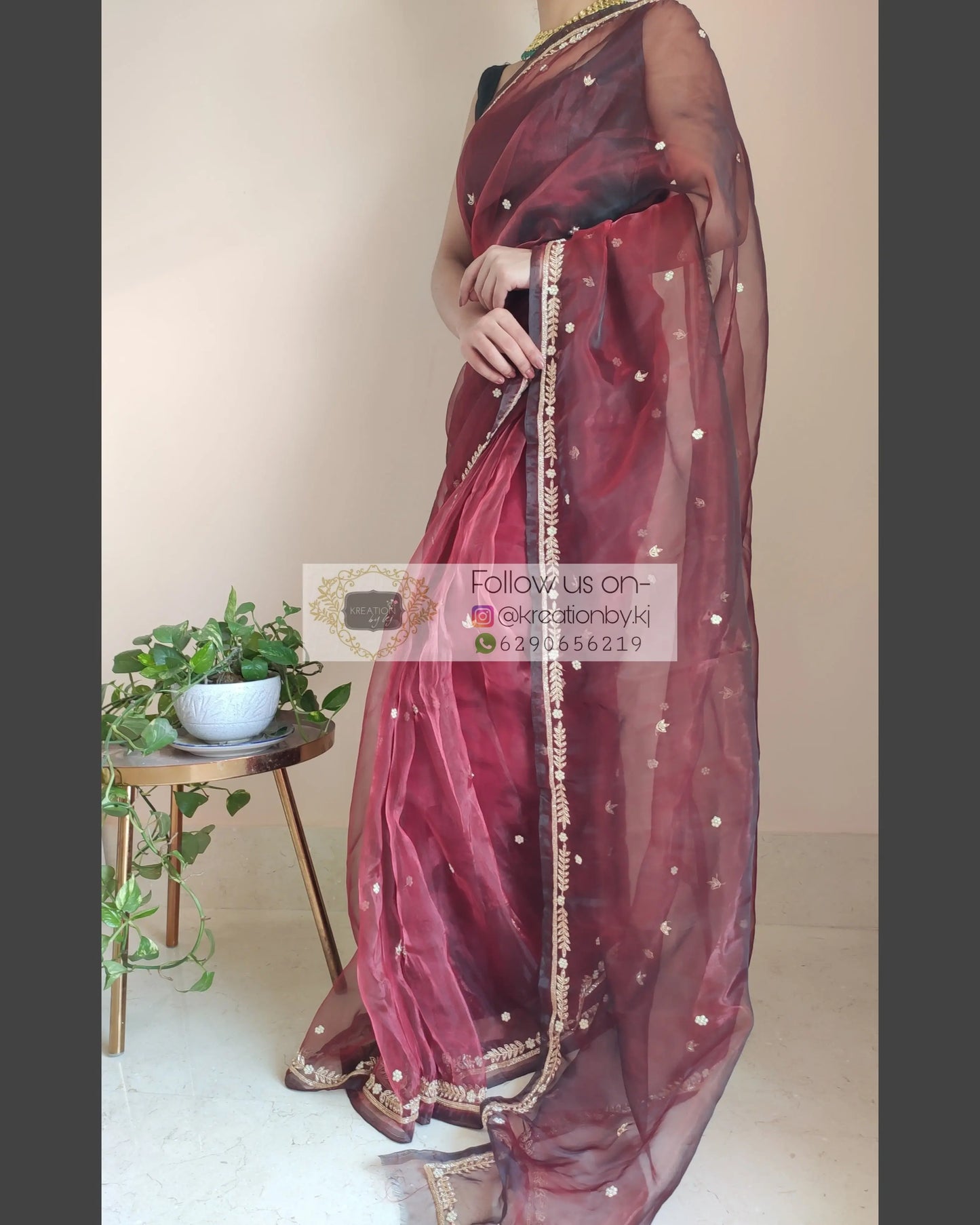 Maroon Glass Tissue Saree With Kasab And Cutdana Border - kreationbykj