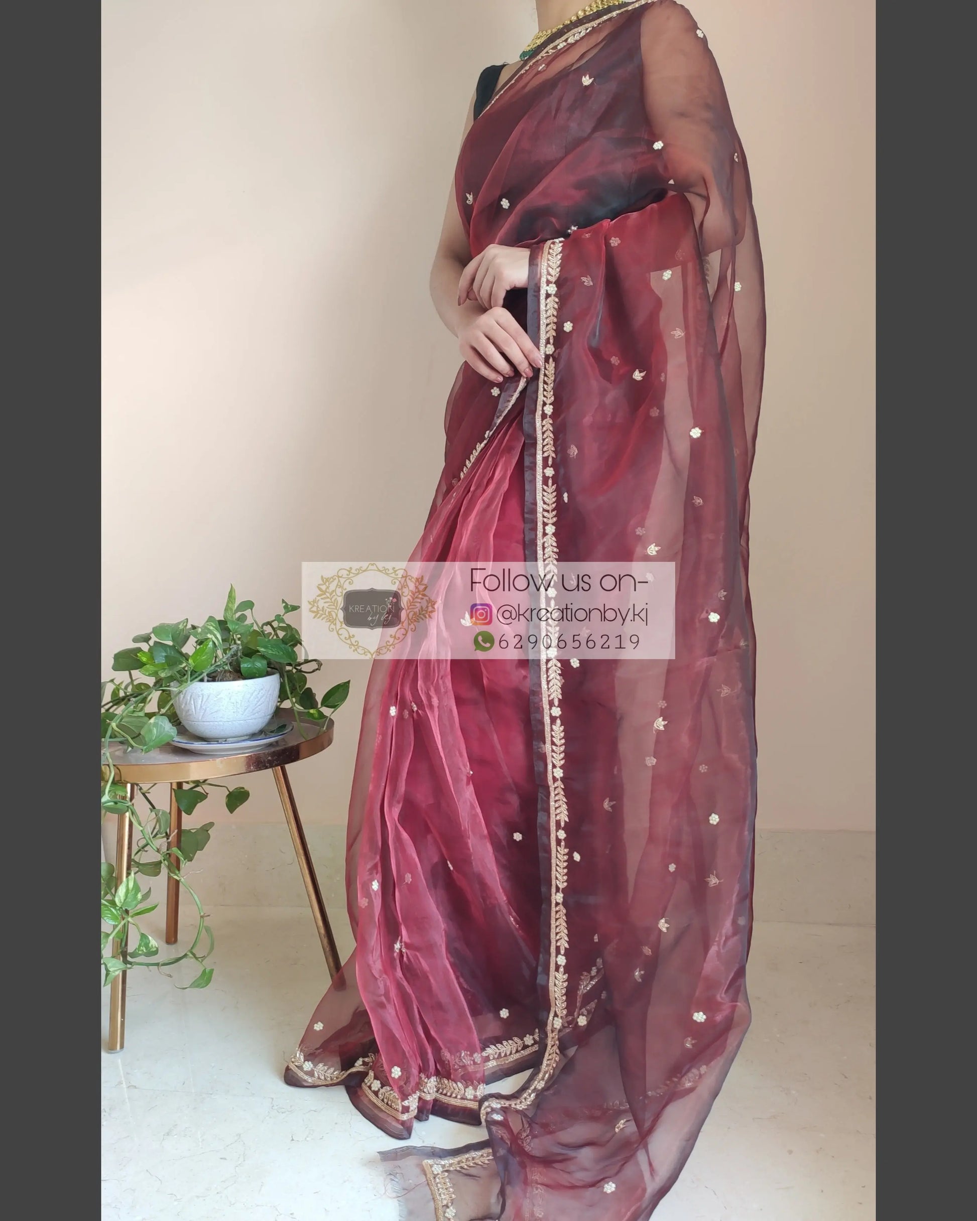 Maroon Glass Tissue Saree With Kasab And Cutdana Border - kreationbykj