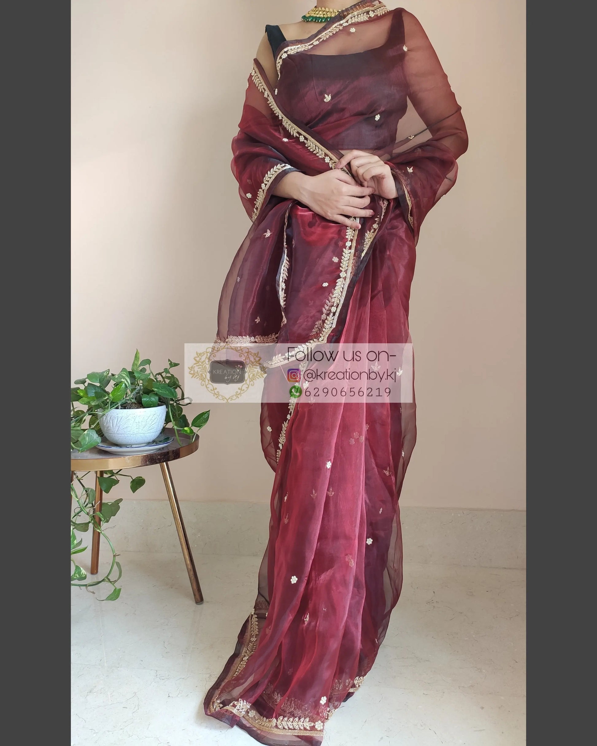 Maroon Glass Tissue Saree With Kasab And Cutdana Border - kreationbykj