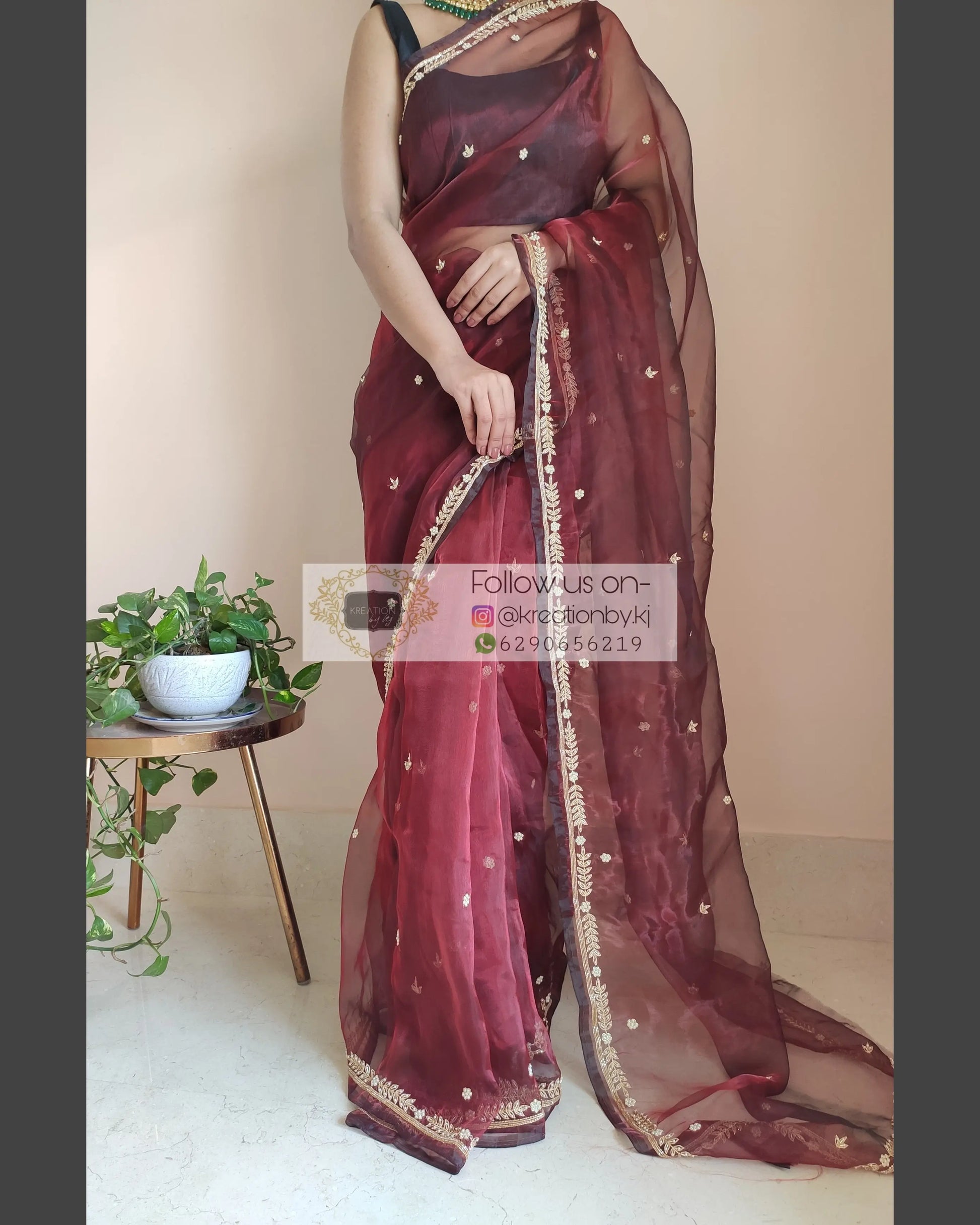 Maroon Glass Tissue Saree With Kasab And Cutdana Border - kreationbykj
