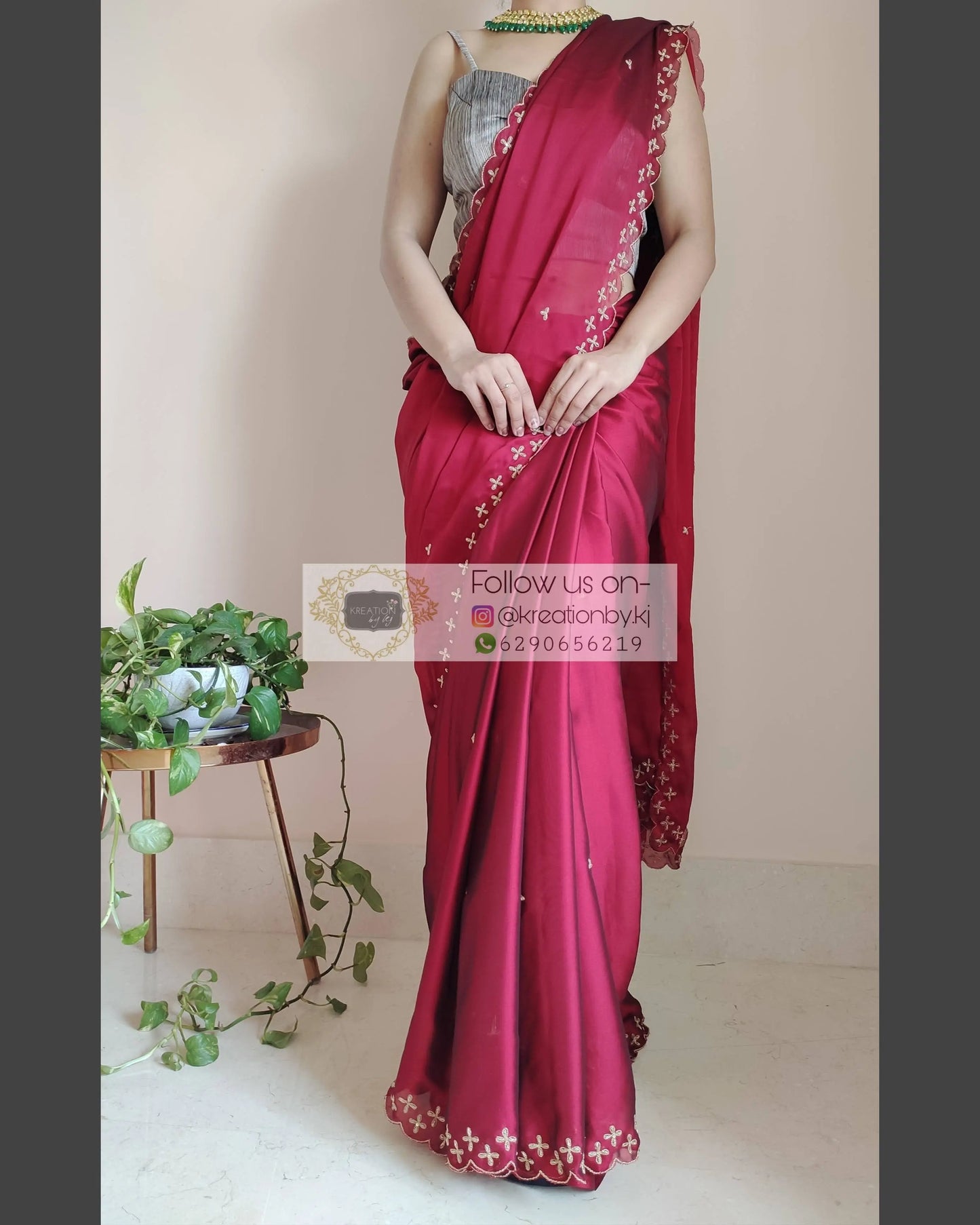 Maroon Georgette Silk Saree With Handembroidered Dabka Motifs On Border - kreationbykj
