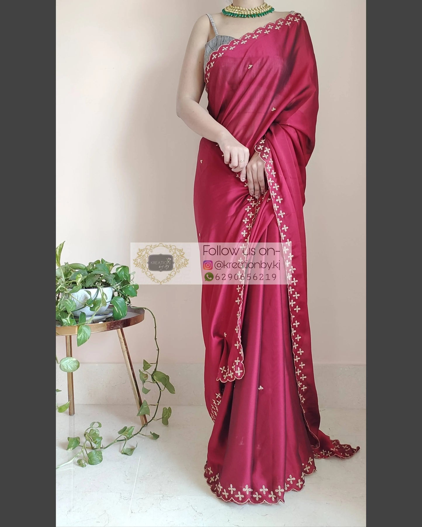 Maroon Georgette Silk Saree With Handembroidered Dabka Motifs On Border - kreationbykj