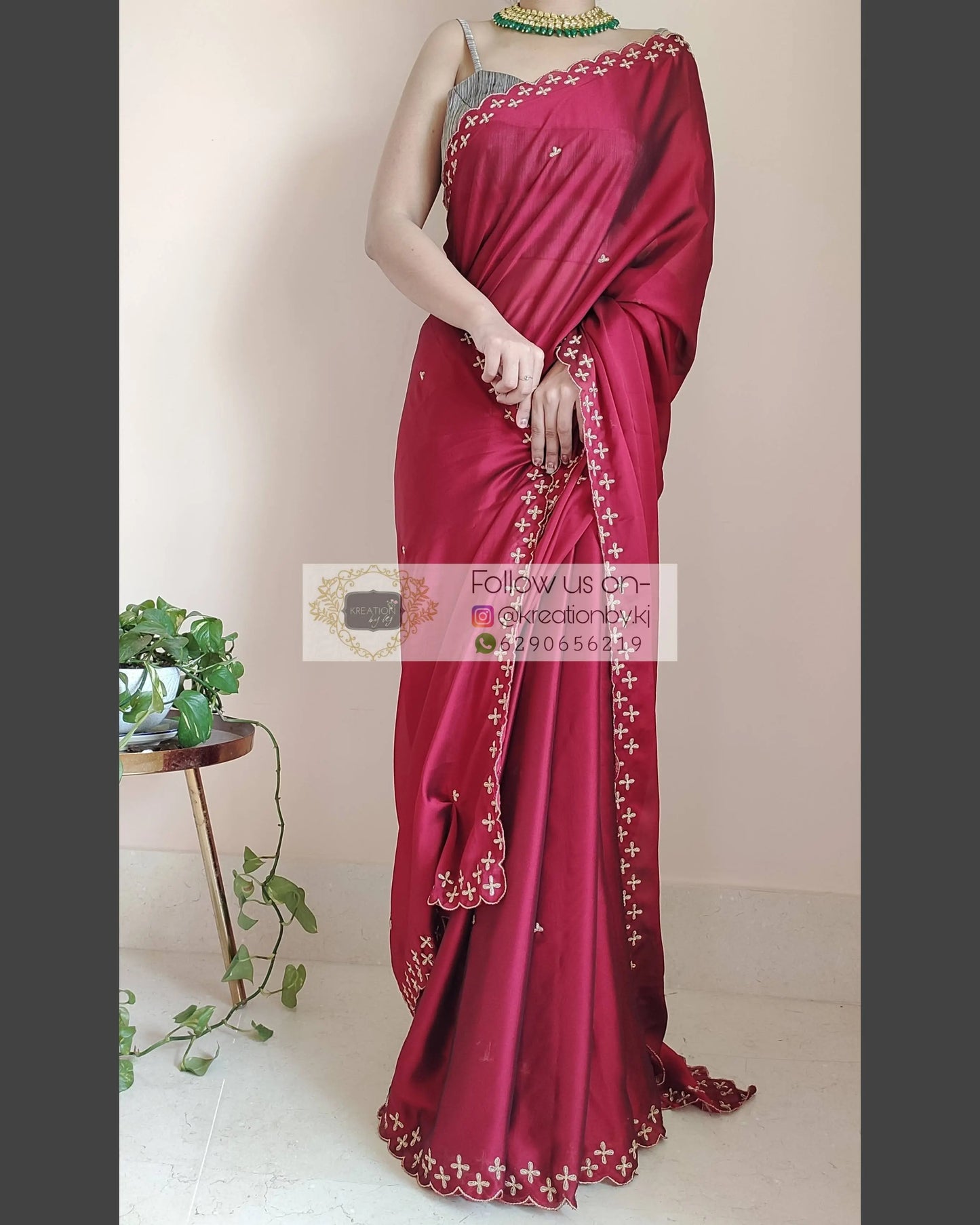 Maroon Georgette Silk Saree With Handembroidered Dabka Motifs On Border - kreationbykj