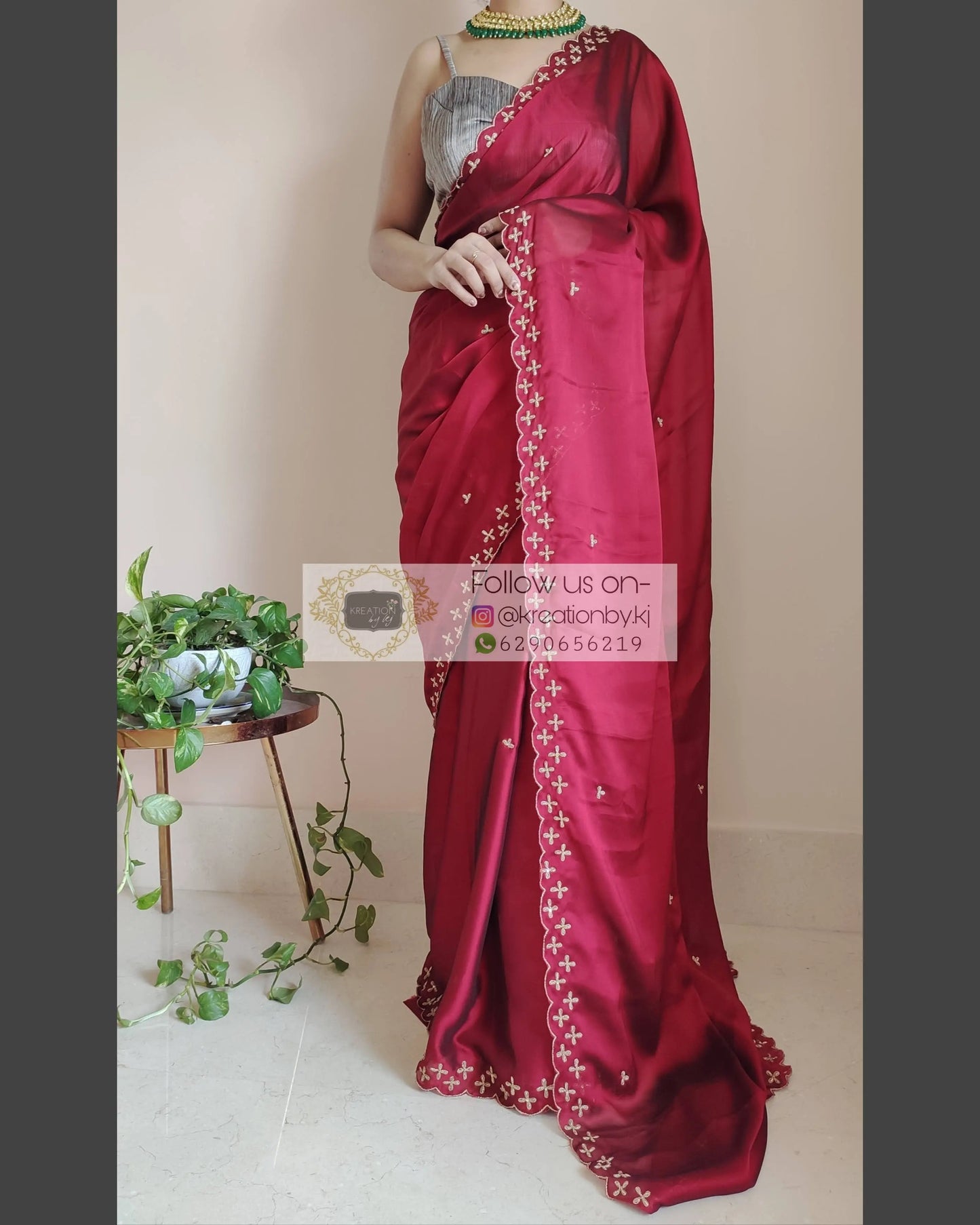 Maroon Georgette Silk Saree With Handembroidered Dabka Motifs On Border - kreationbykj