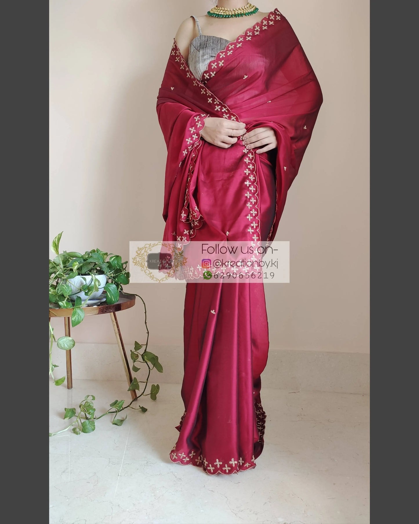 Maroon Georgette Silk Saree With Handembroidered Dabka Motifs On Border - kreationbykj