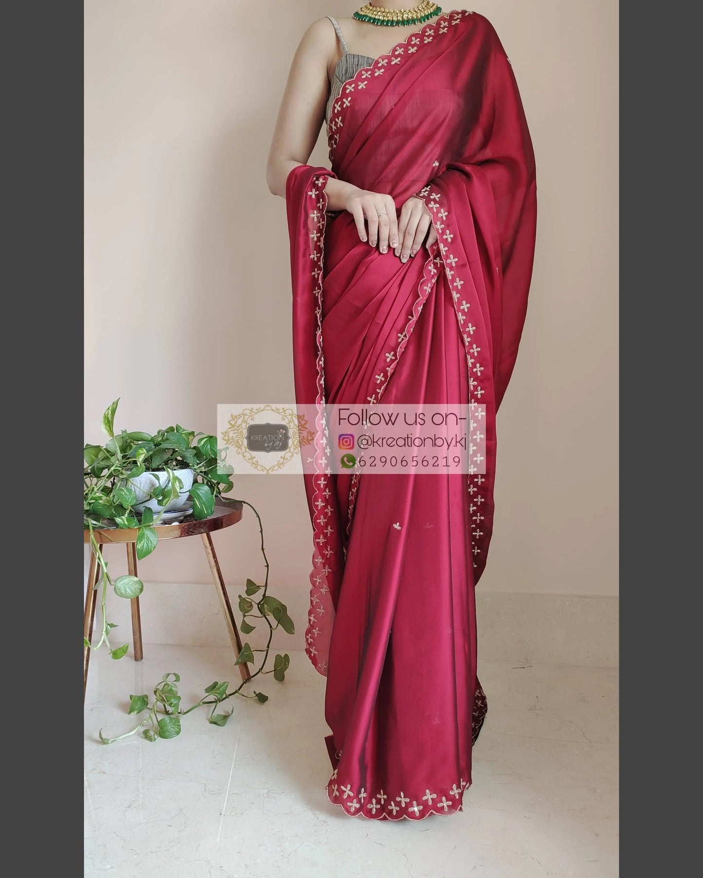 Maroon Georgette Silk Saree With Handembroidered Dabka Motifs On Border - kreationbykj