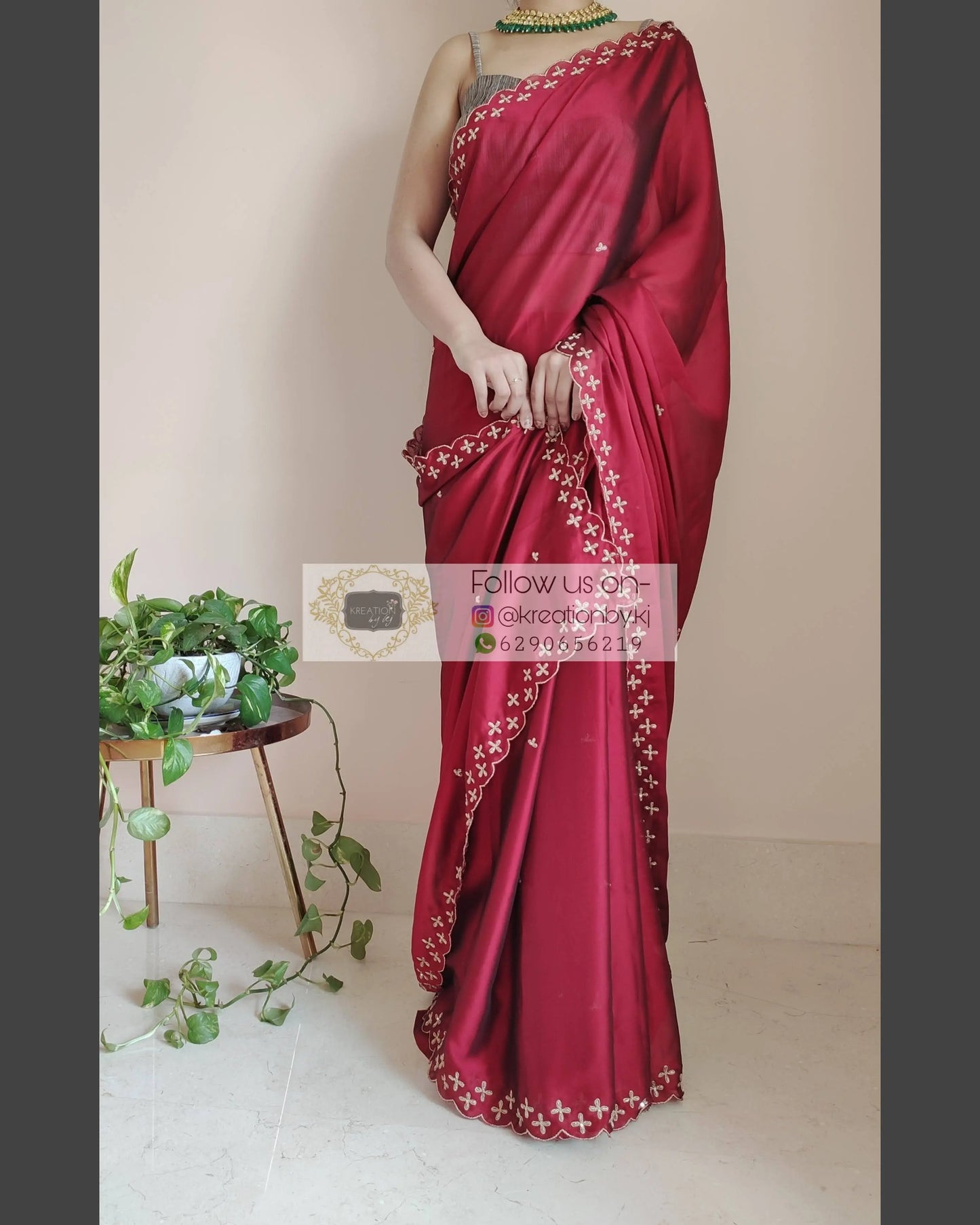 Maroon Georgette Silk Saree With Handembroidered Dabka Motifs On Border - kreationbykj