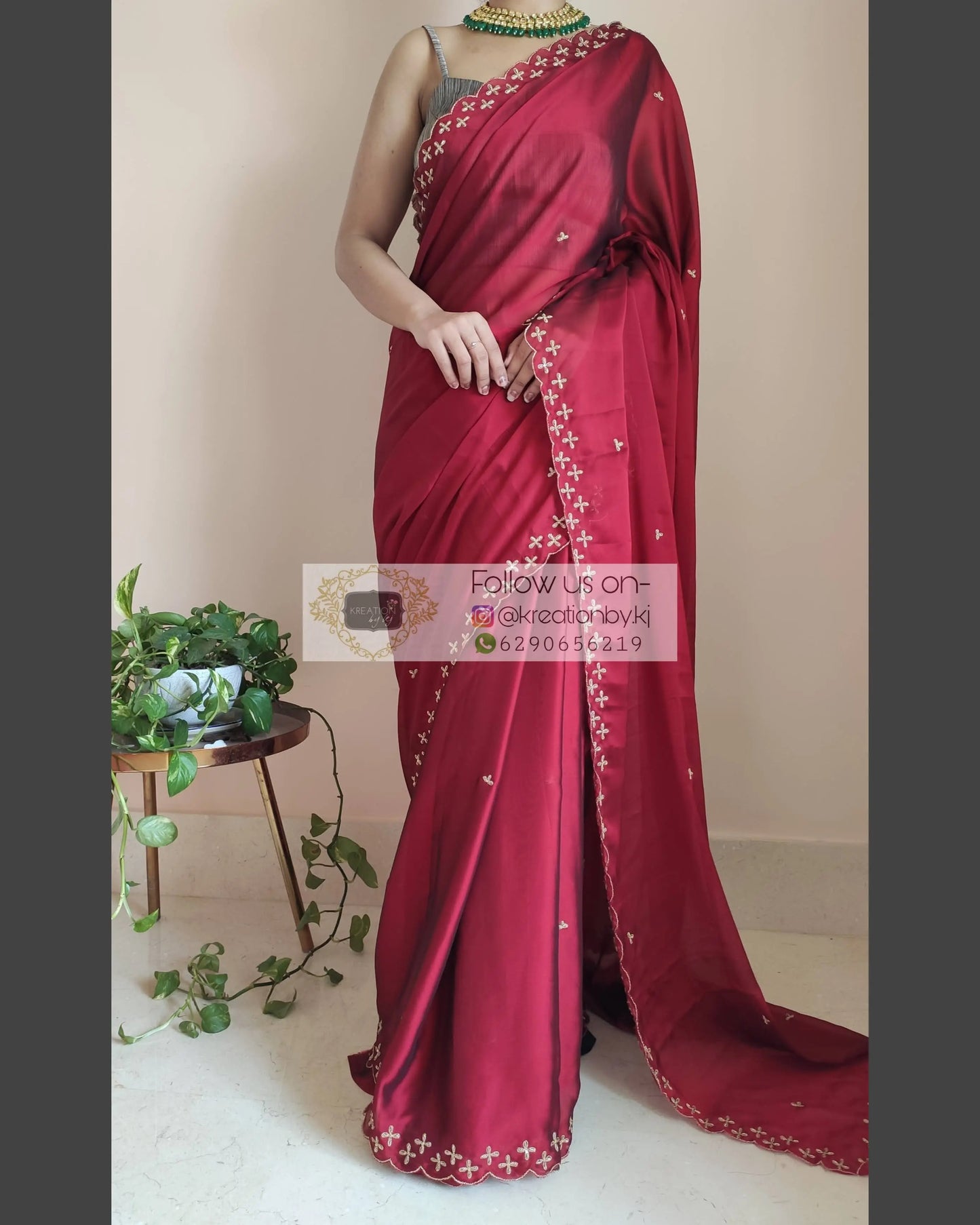 Maroon Georgette Silk Saree With Handembroidered Dabka Motifs On Border - kreationbykj