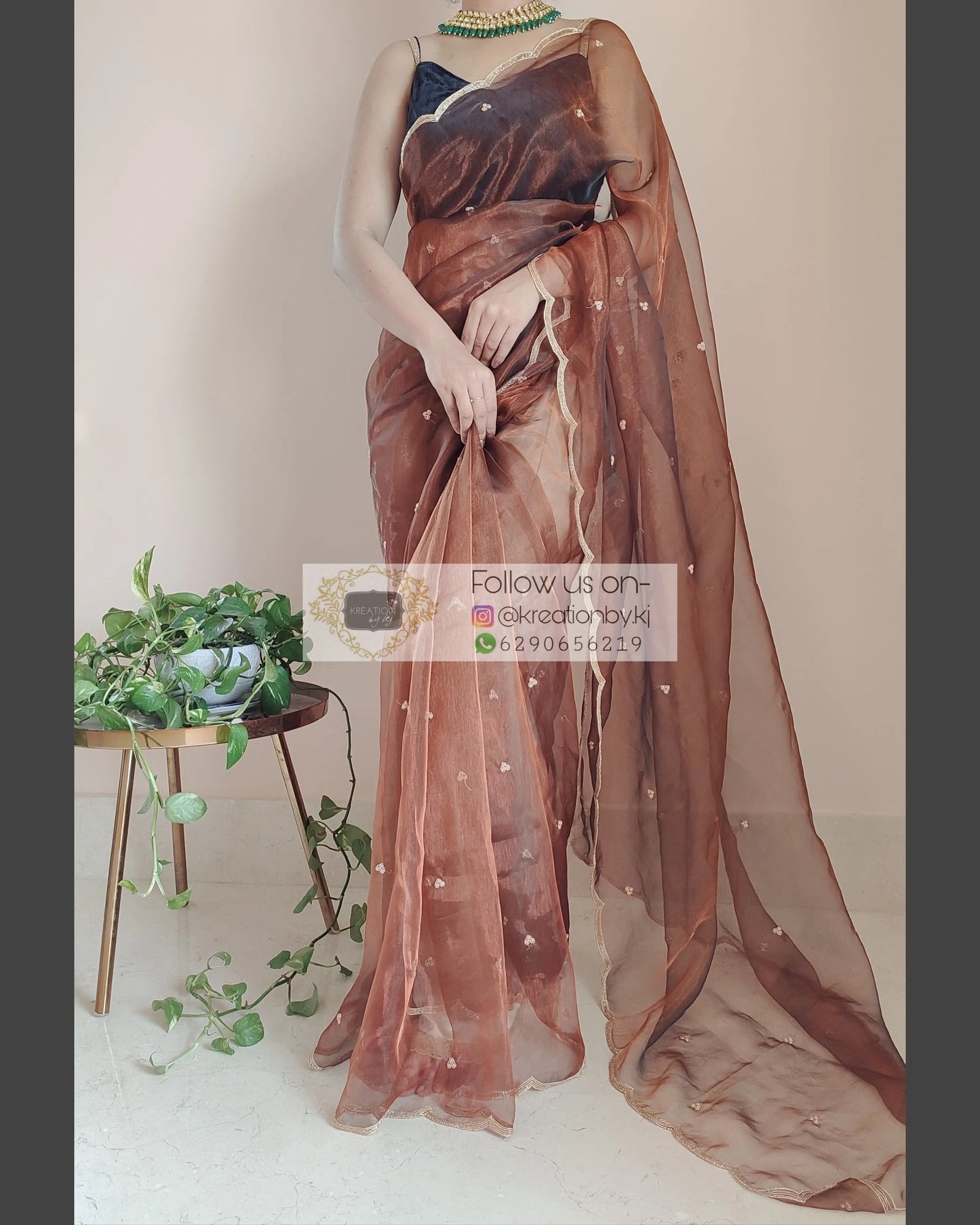 Copper Glass Tissue Saree With Handembroidered Scalloping - kreationbykj