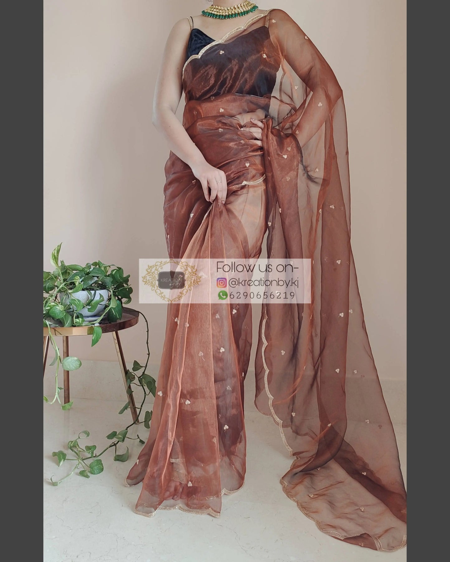Copper Glass Tissue Saree With Handembroidered Scalloping - kreationbykj