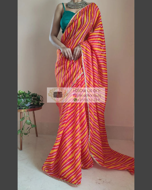 Yellow And Orange Kota Silk Leheriya Saree - kreationbykj