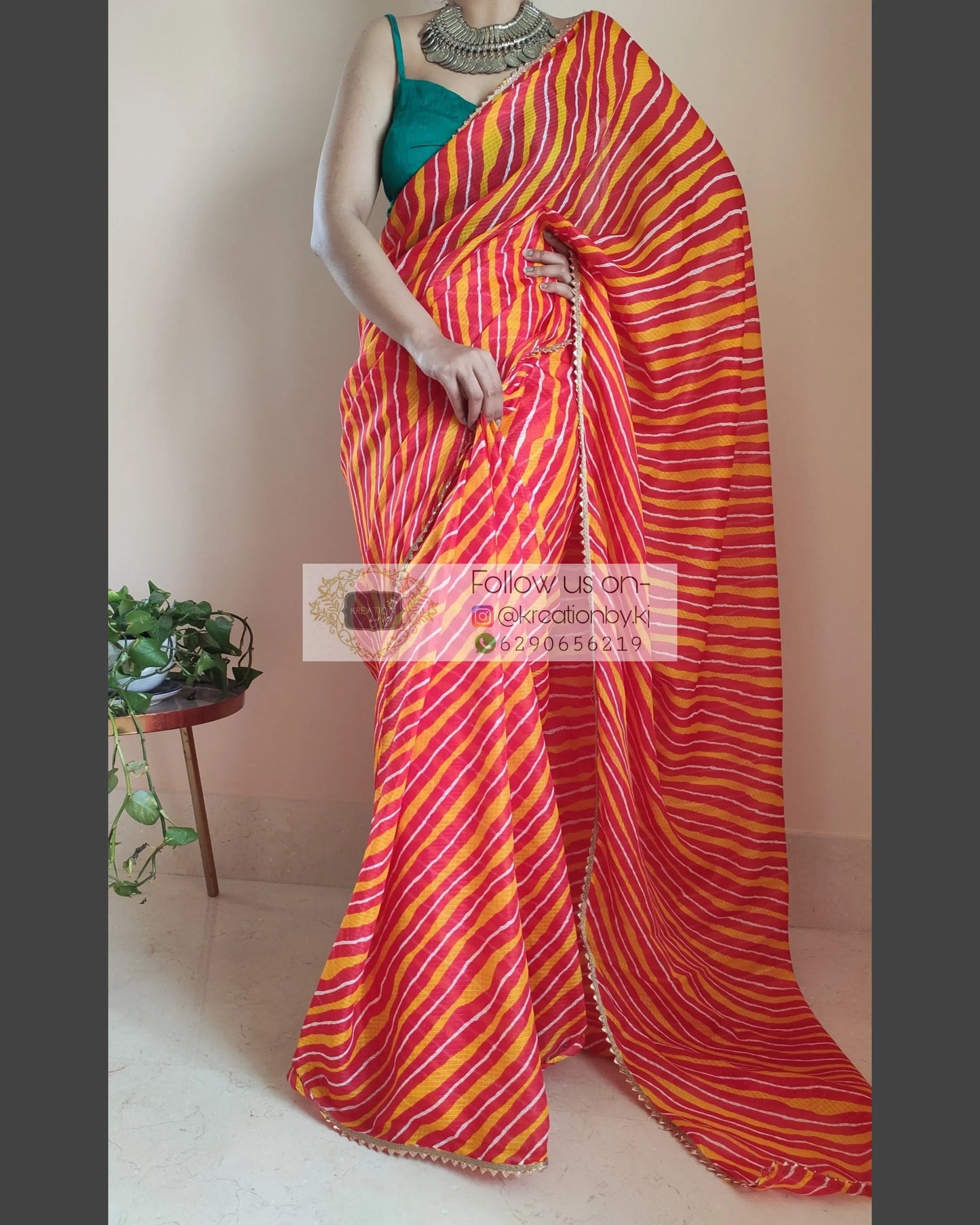 Yellow And Orange Kota Silk Leheriya Saree - kreationbykj