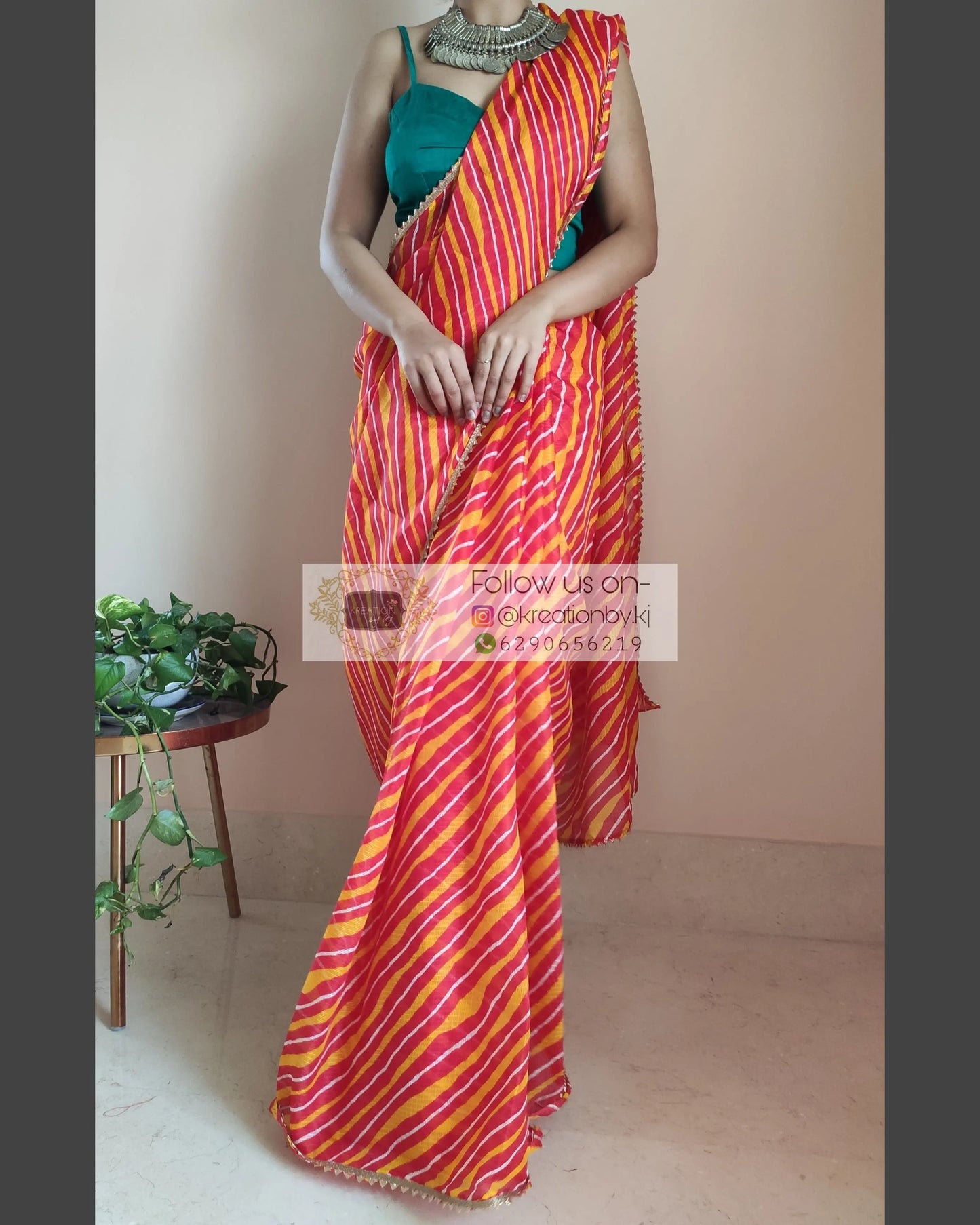 Yellow And Orange Kota Silk Leheriya Saree - kreationbykj
