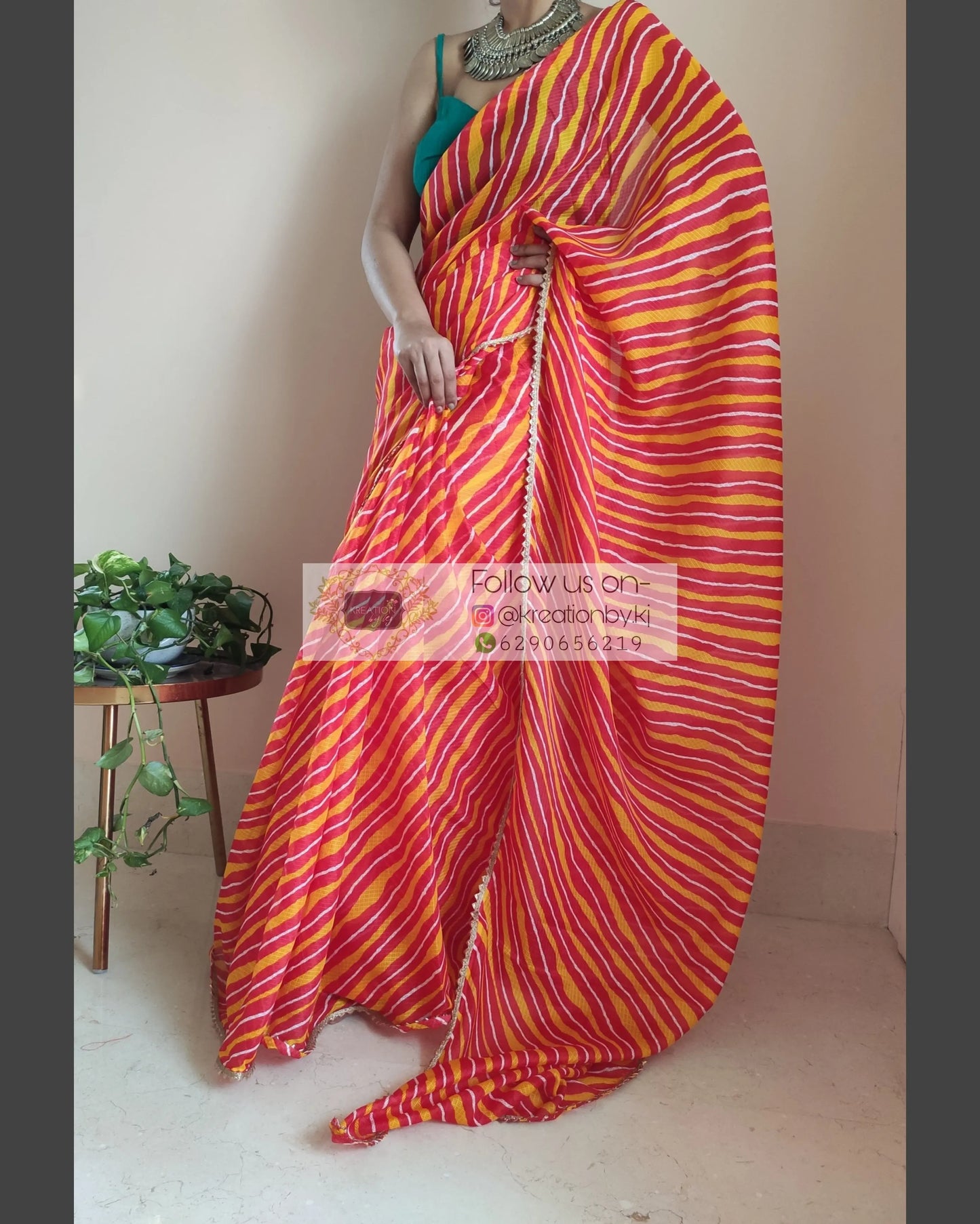 Yellow And Orange Kota Silk Leheriya Saree - kreationbykj