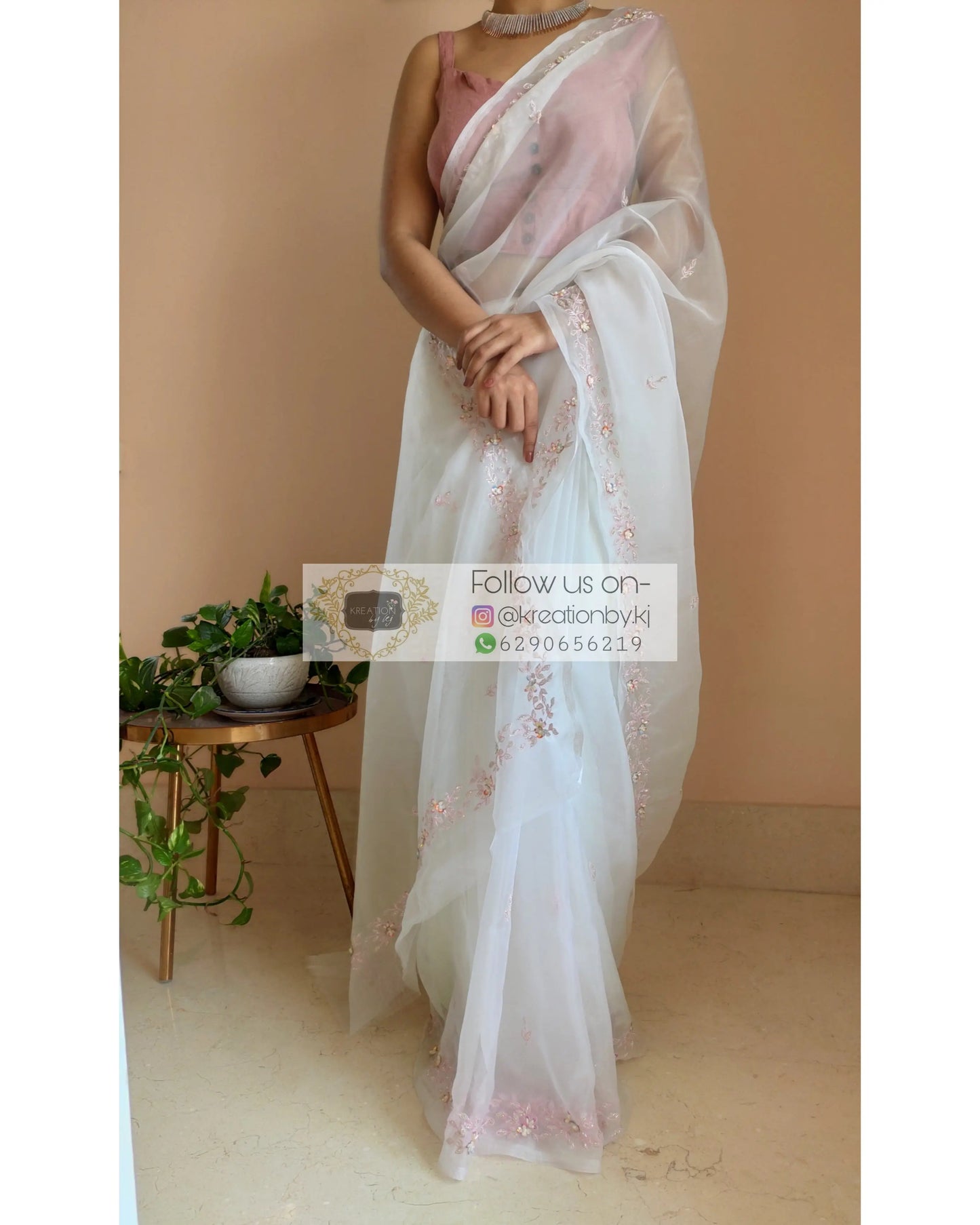 White Organza Silk Chandani Saree - kreationbykj
