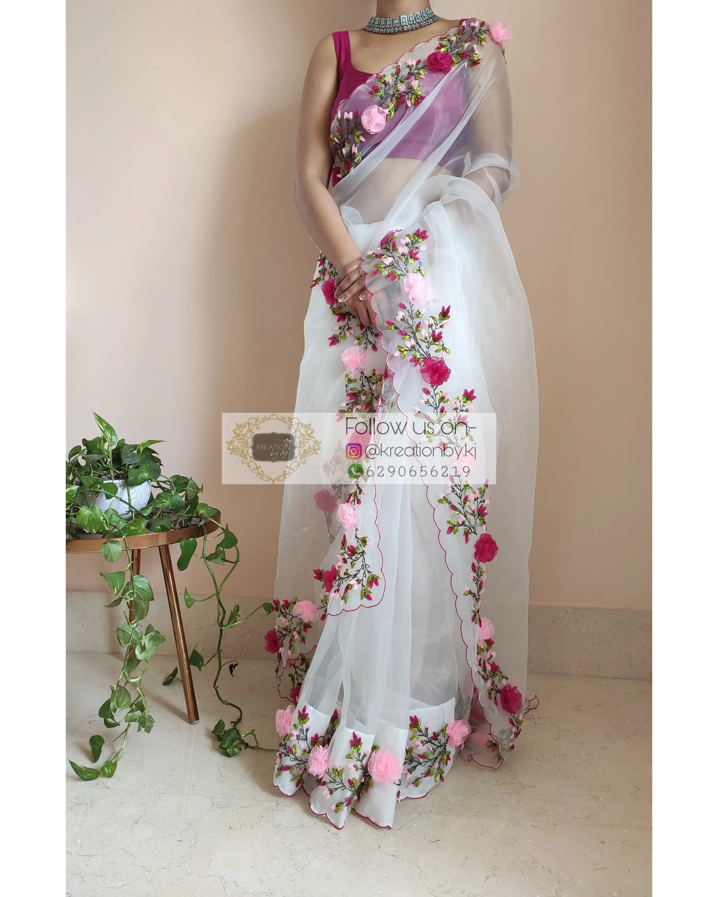 White Organza Saree With French Ribbon Embroidery - kreationbykj